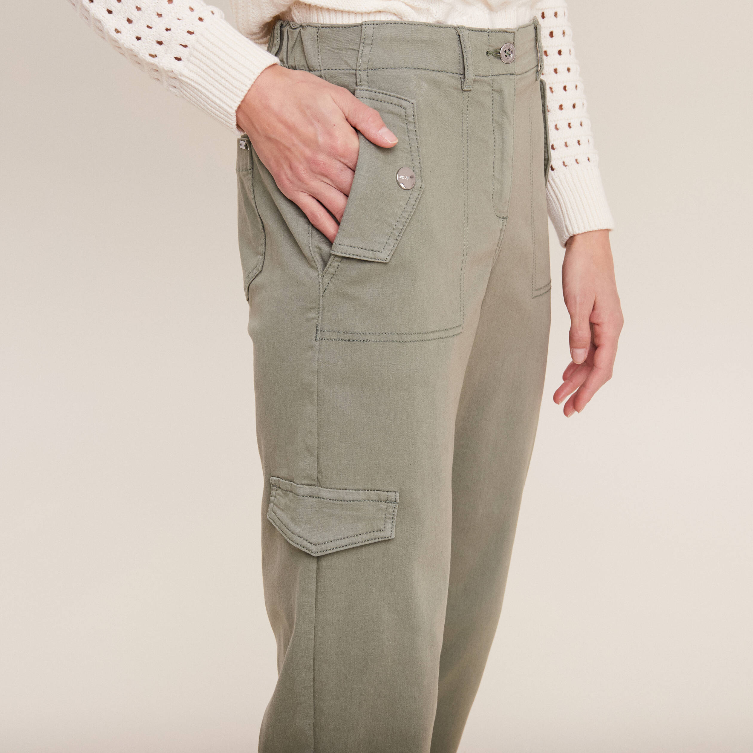 Pantalon cargo taille haute vert kaki femme