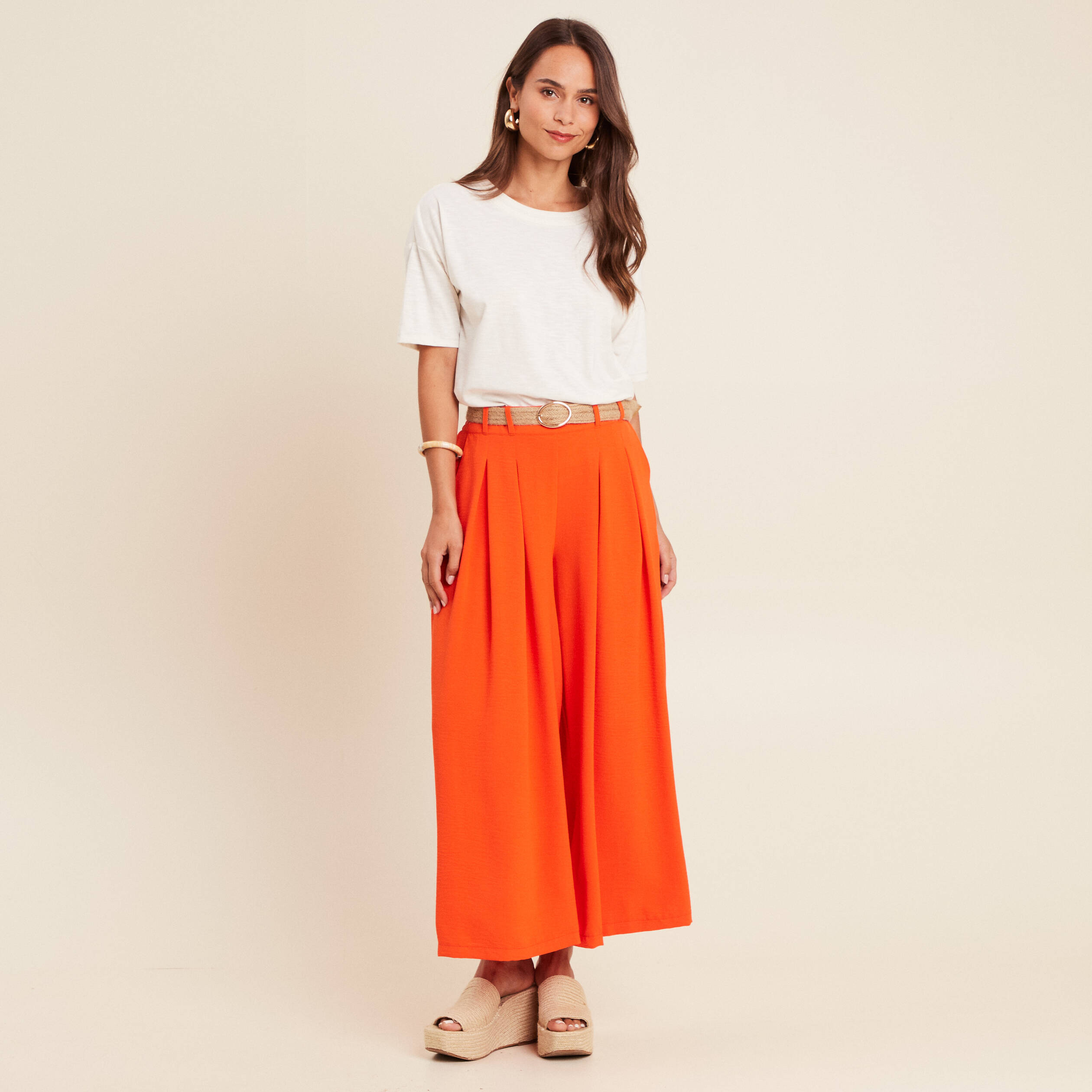 pantalon jupe culotte large orange corail femme Pantalon jupe-culotte large orange corail femme