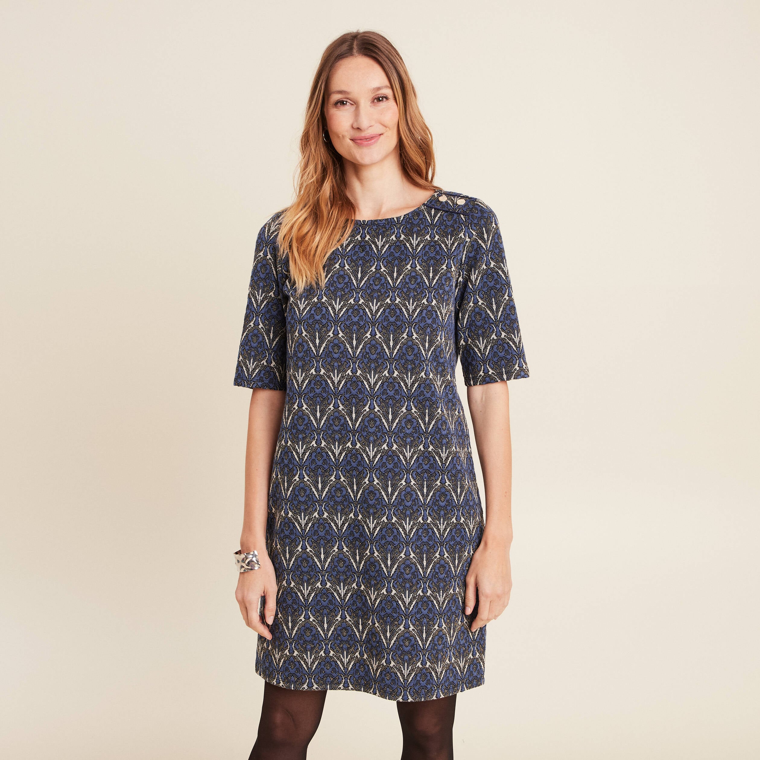 Robe droite manches 3/4 bleu femme