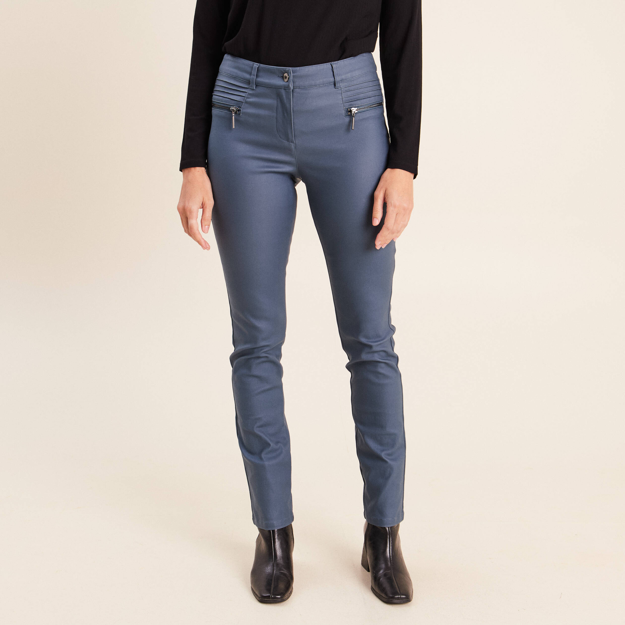 Pantalon enduit ajust&eacute; taille bascul&eacute;e bleu fonc&eacute; femme