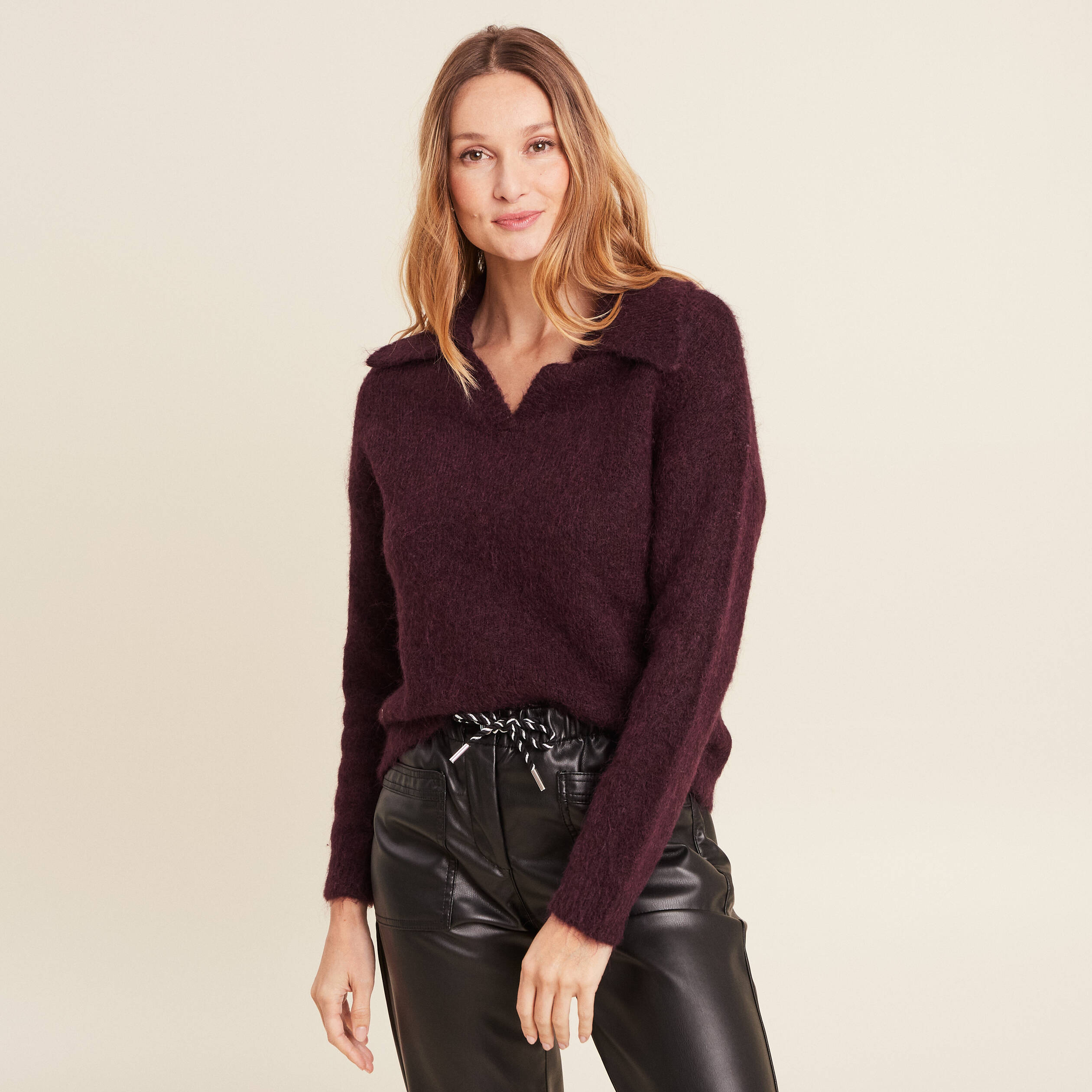 pull manches longues col polo bordeaux femme Pull manches longues col polo bordeaux femme