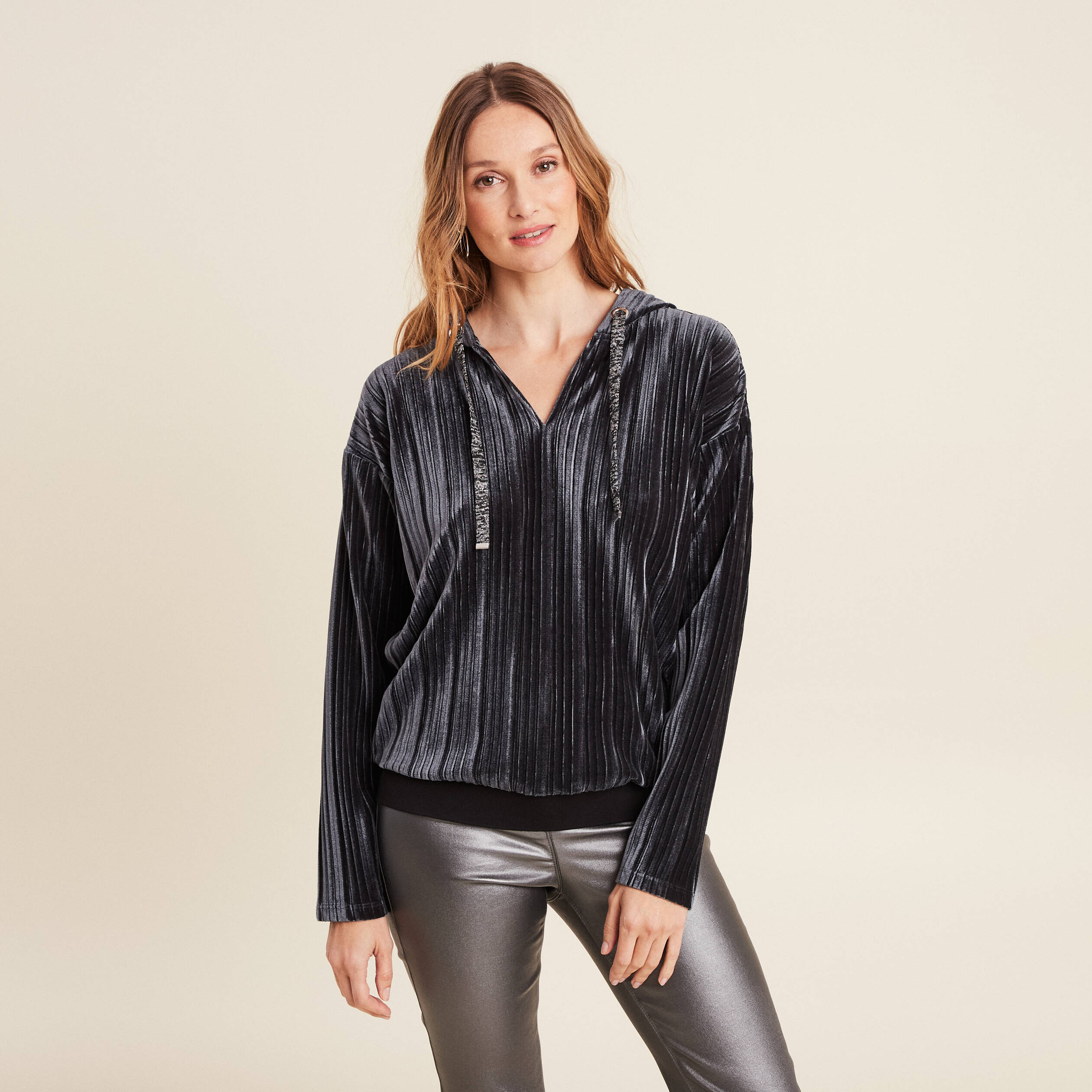 Sweat manches longues pliss&eacute; gris argent femme