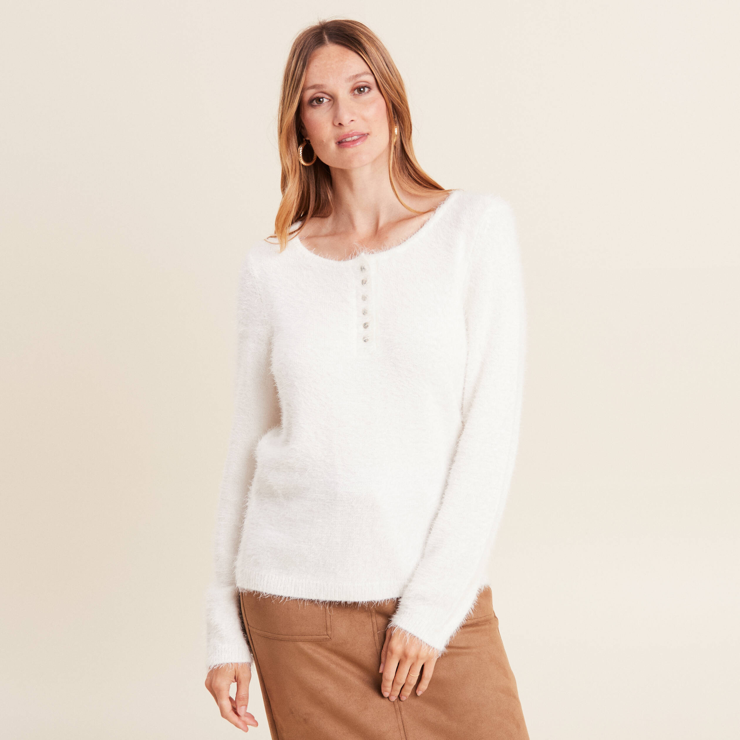 Pull manches longues ecru femme