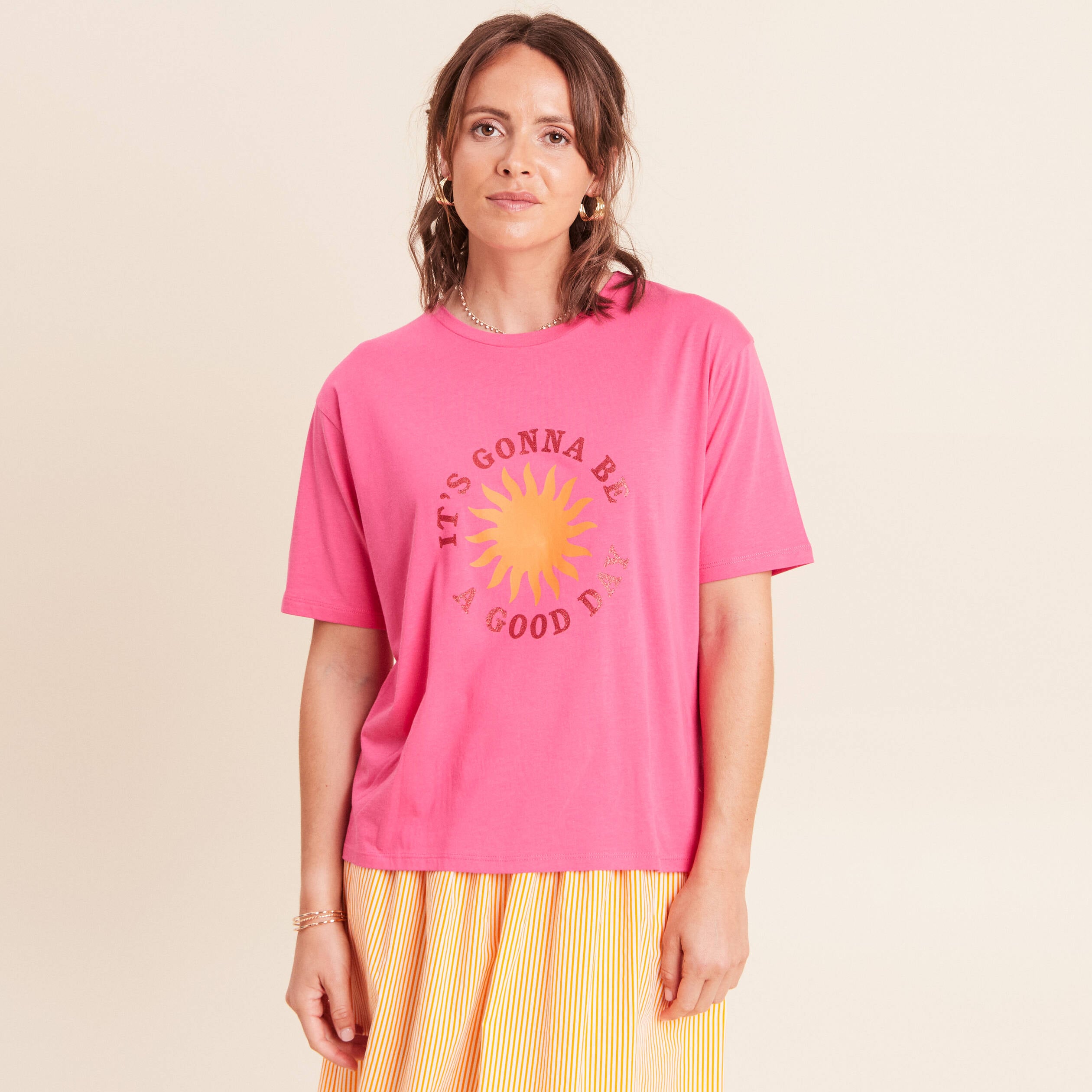 T-shirt col rond manches courtes rose fushia femme
