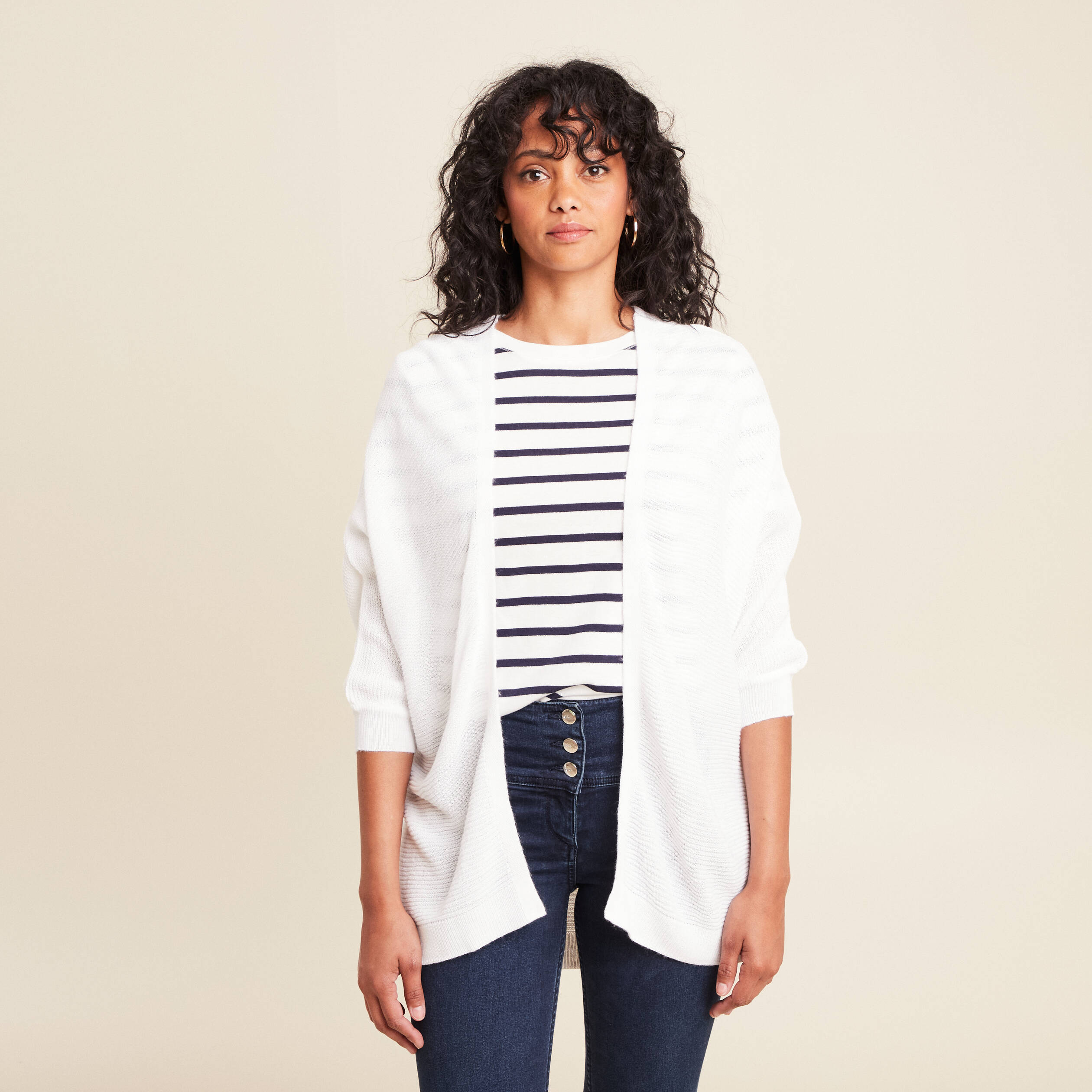 gilet droit mi long a pans manches 34 ecru femme Gilet droit mi-long à pans manches 3/4 ecru femme