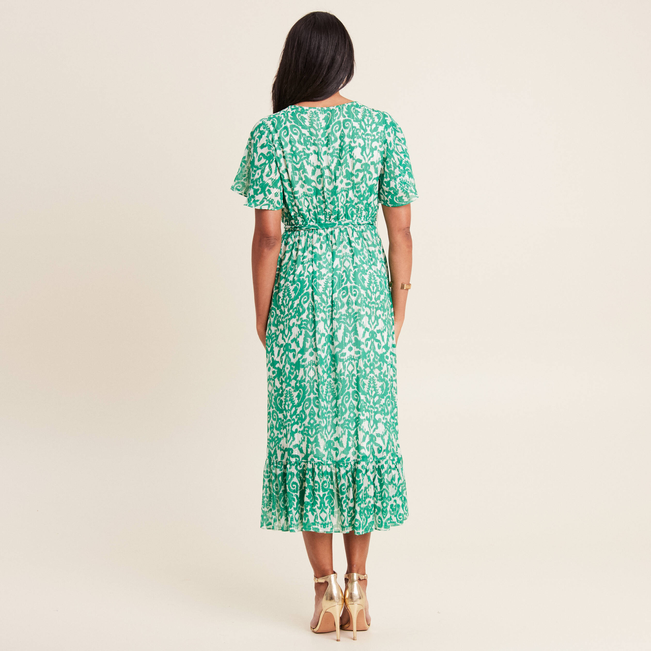 Robe longue évasée fluide vert femme