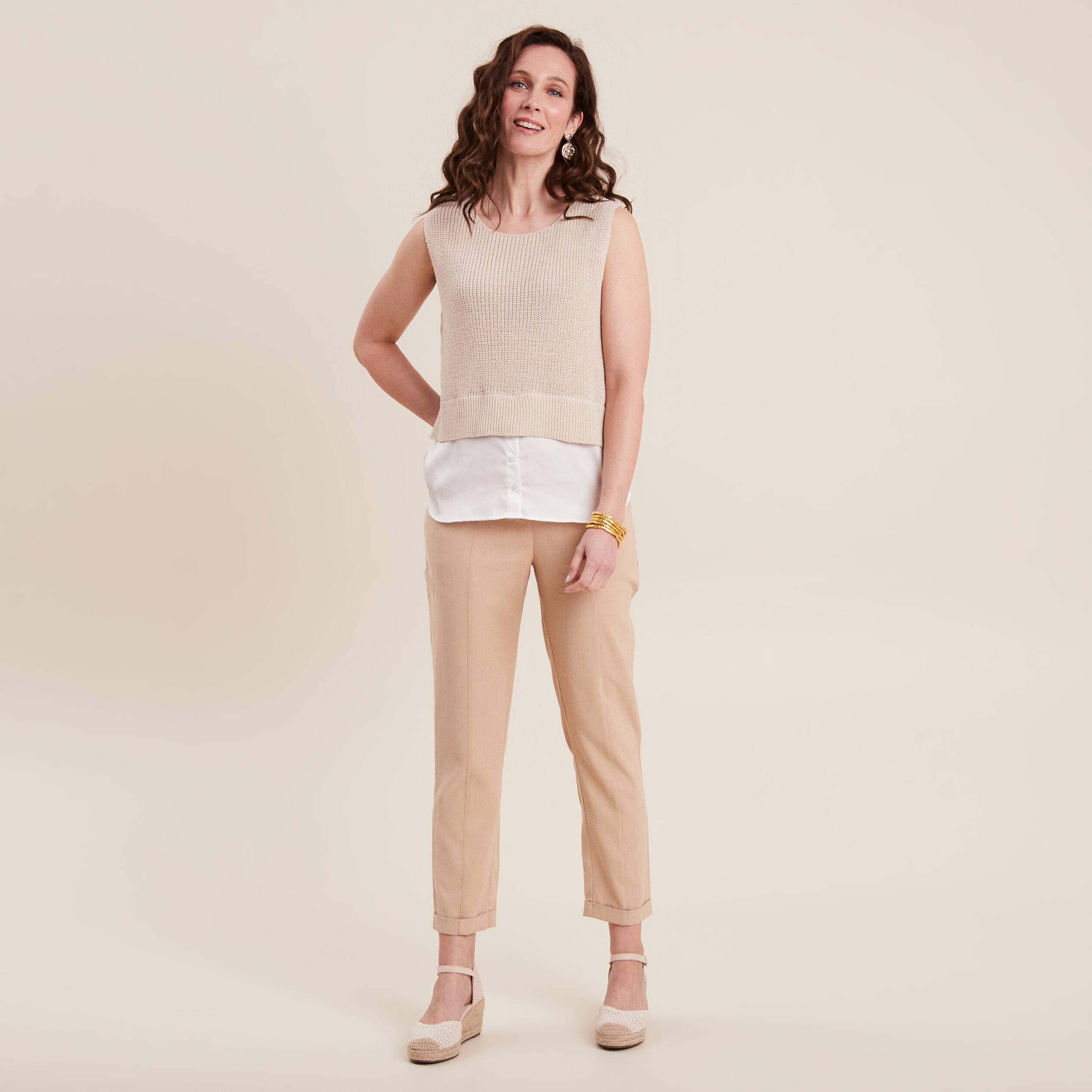 Pantalon carotte 7/8&egrave;me beige femme