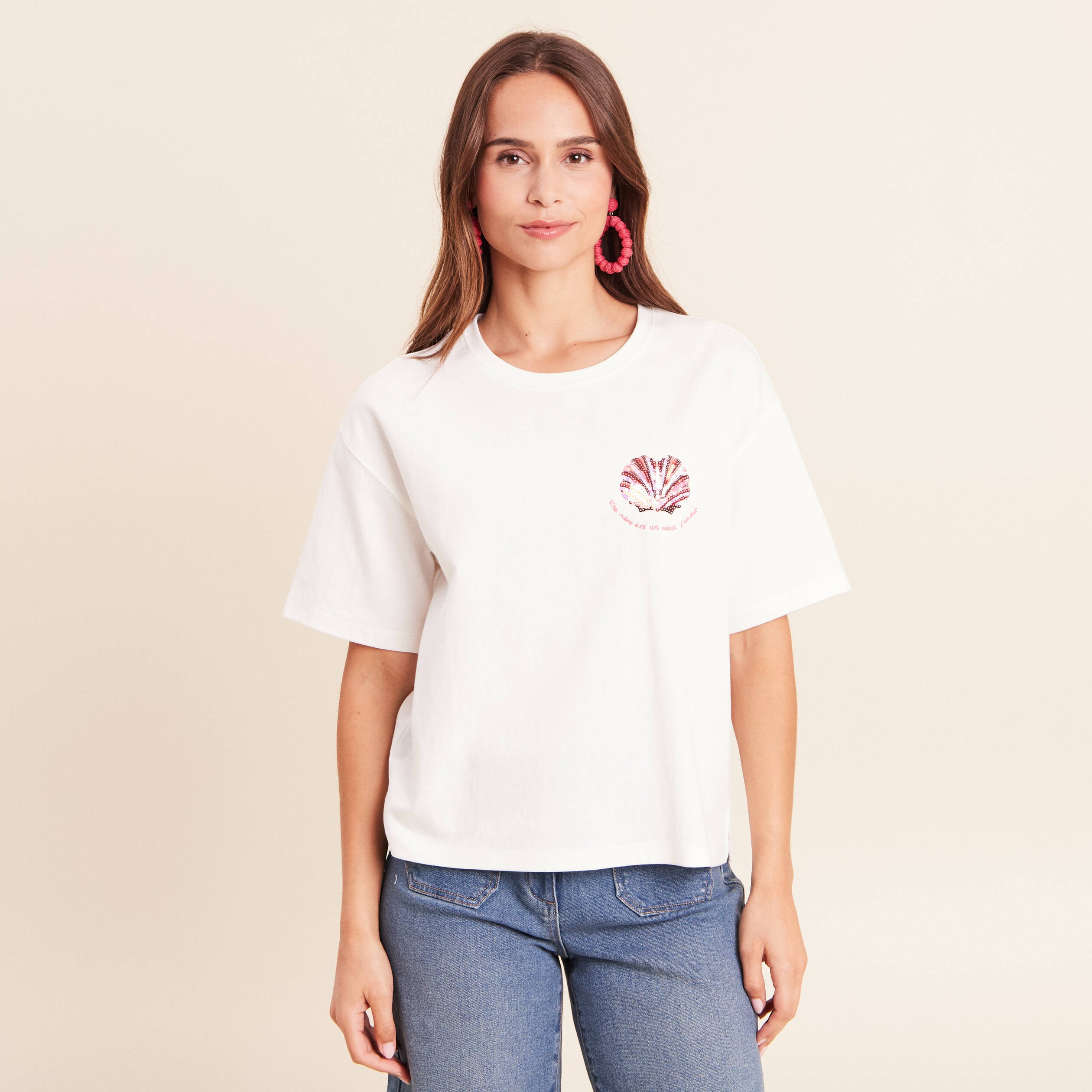 T-shirt col rond manches courtes sequins ecru femme