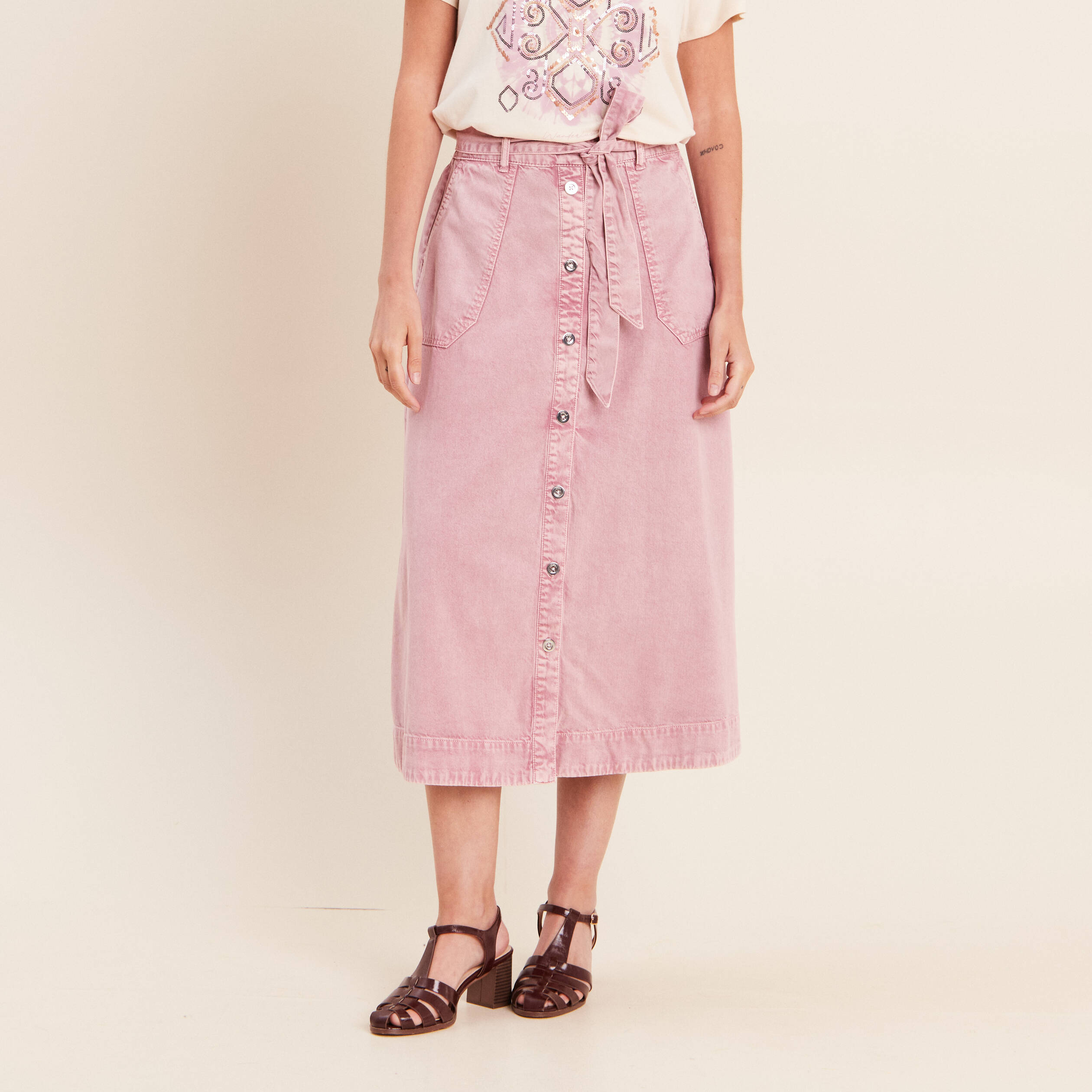 Jupe longue &eacute;vas&eacute;e rose femme