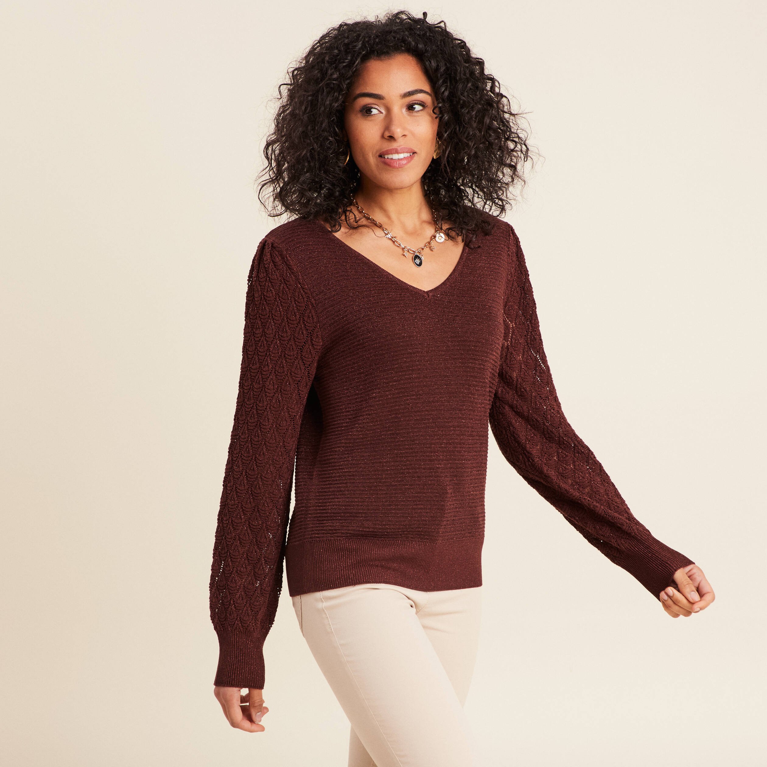 Pull manches longues bordeaux femme