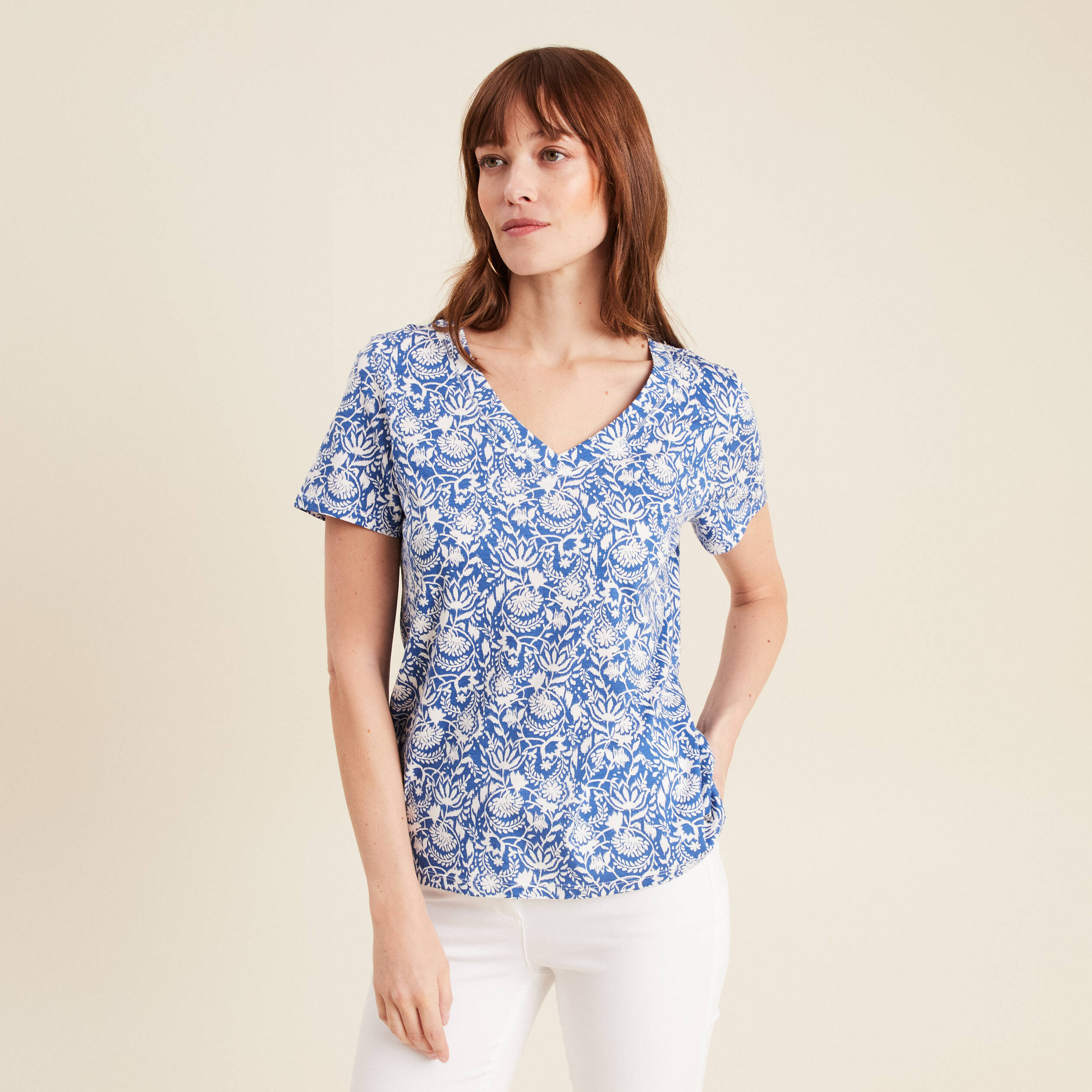 Blouse à boutons en coton rayures bleues manches courtes looses - Horizons Lointains
