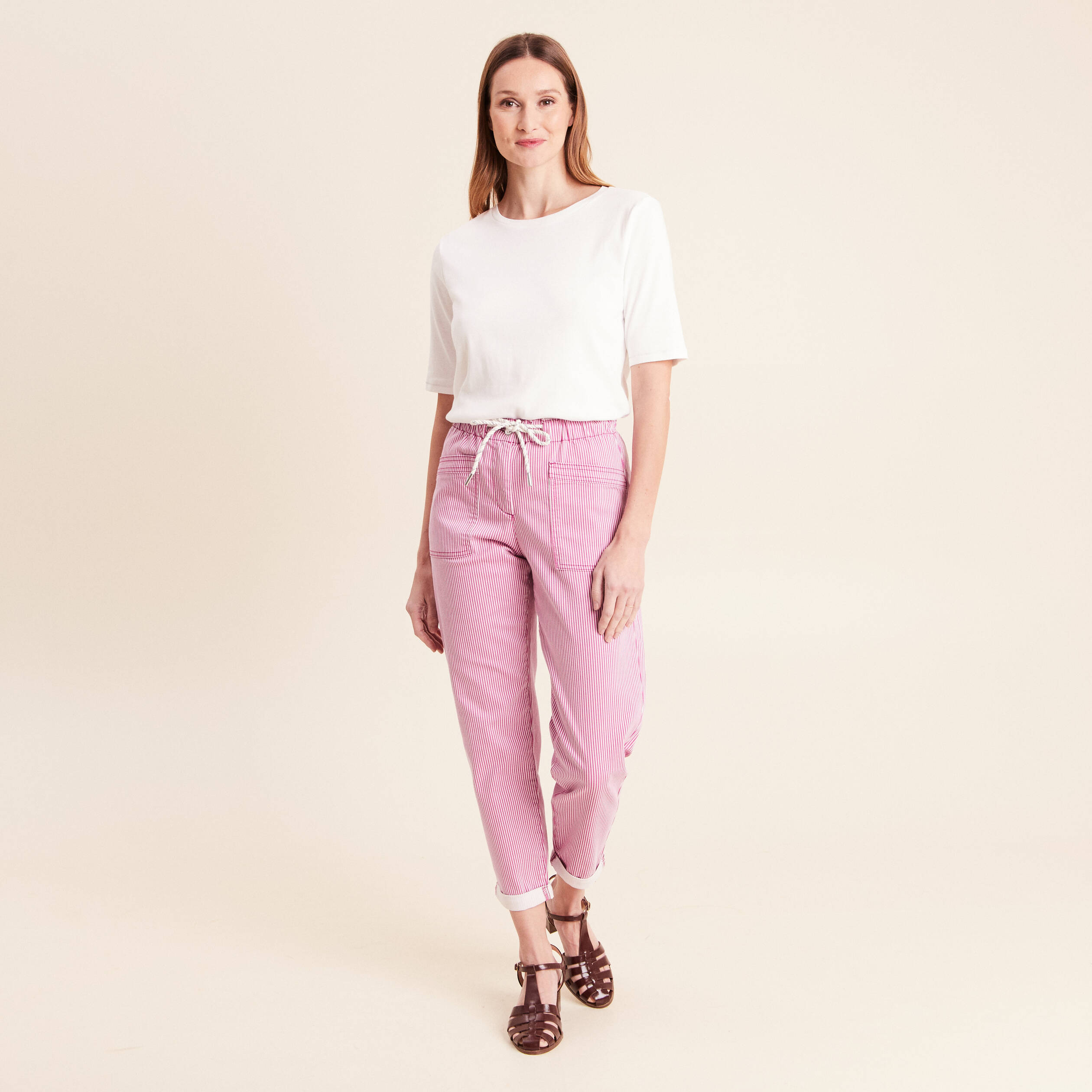 Pantalon coupe mom 7/8&egrave;me rose femme