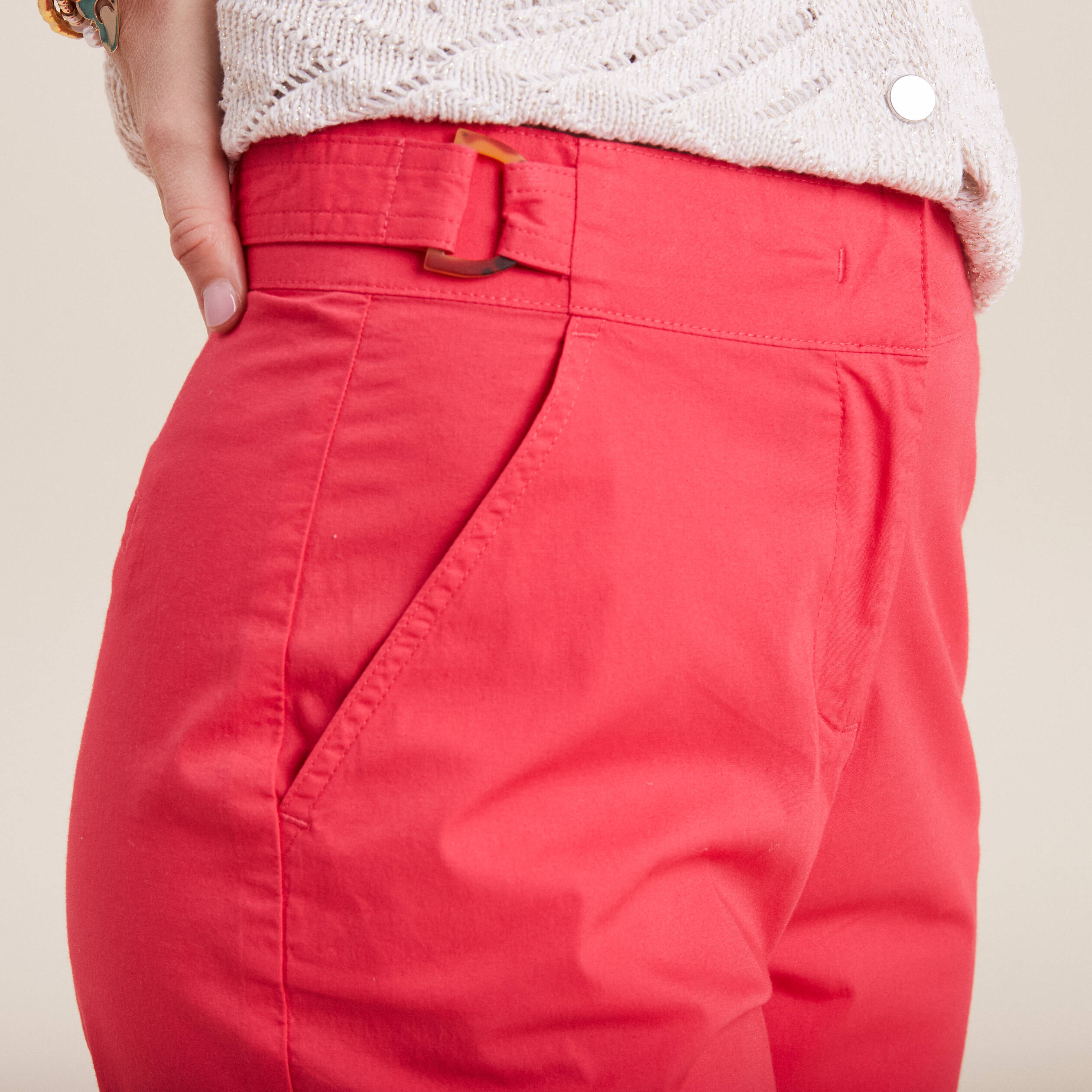 Pantalon flou ceintur&eacute; 7/8&egrave;me rose cerise femme