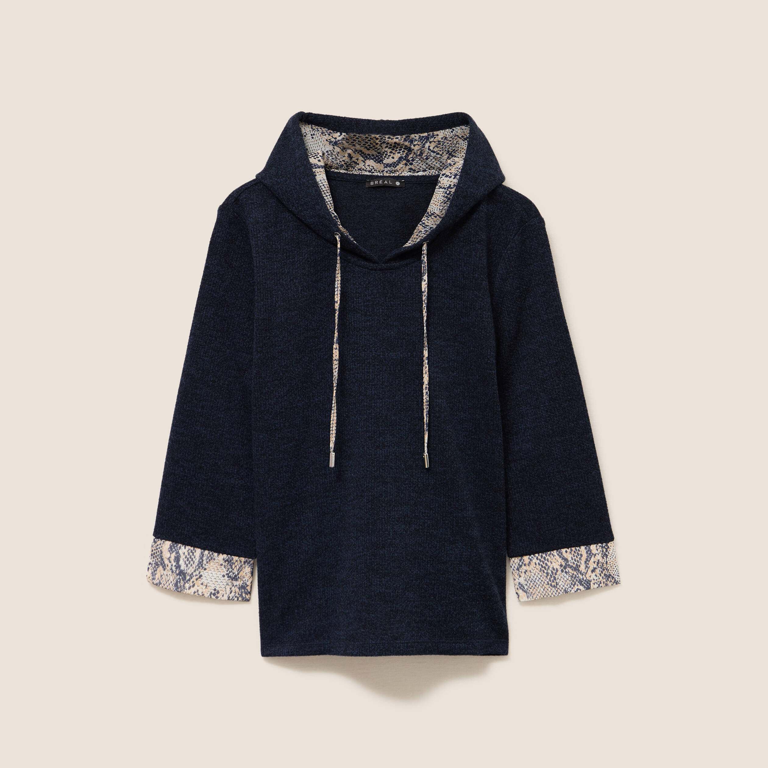 Sweat &agrave; capuche manches 3/4 bleu marine femme