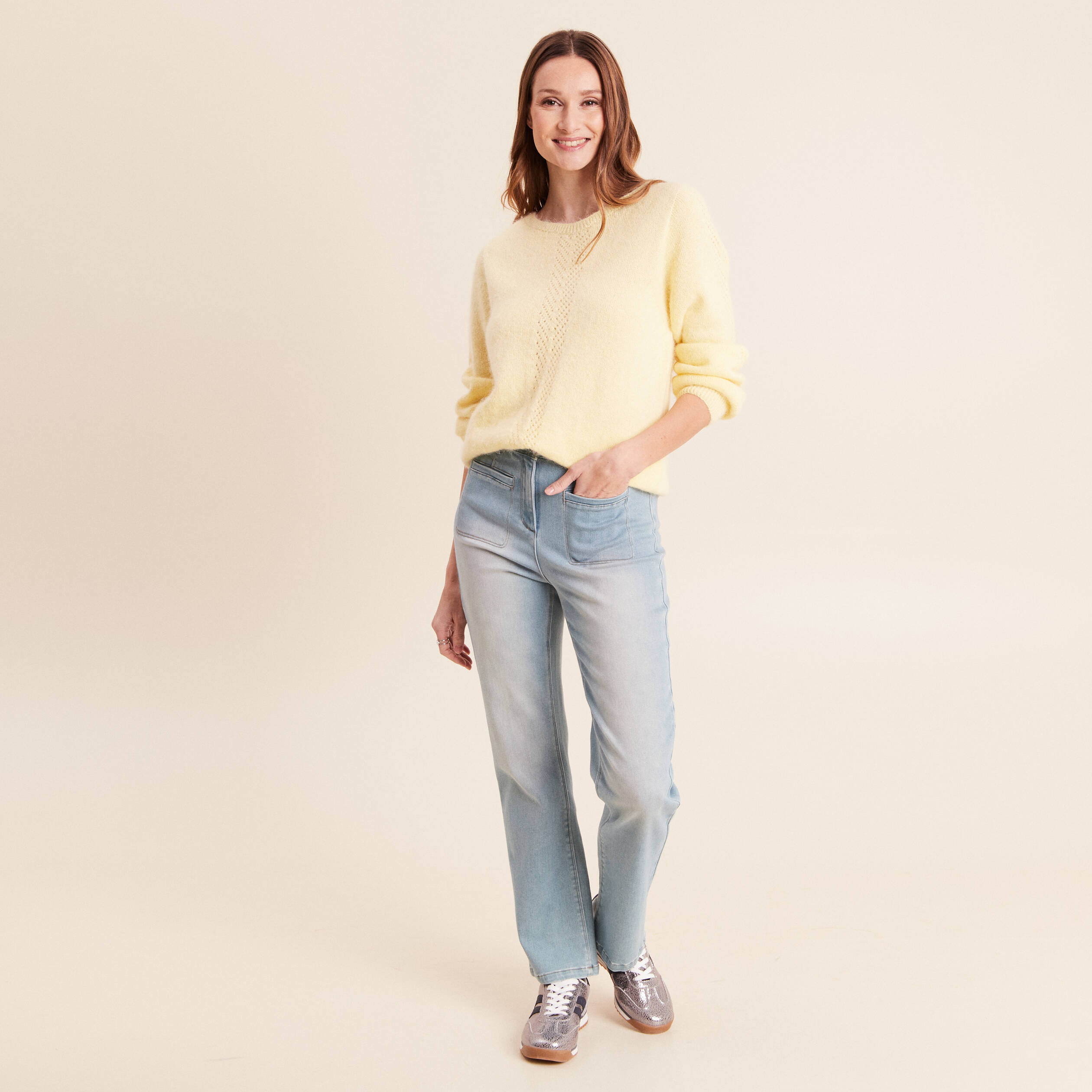 Jean droit taille haute 7/8&egrave;me denim double stone femme
