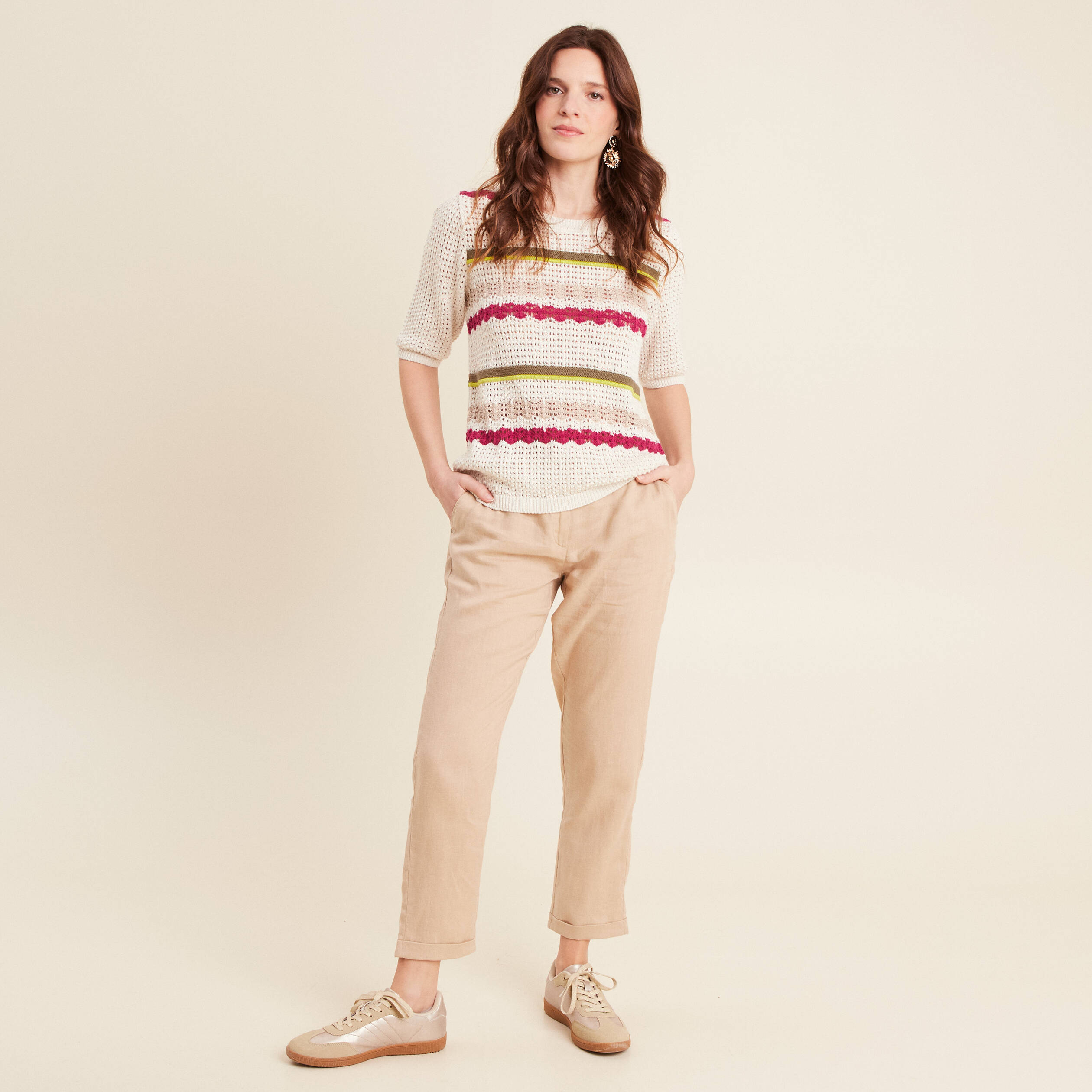 Pull dentelle col bateau multicolore femme