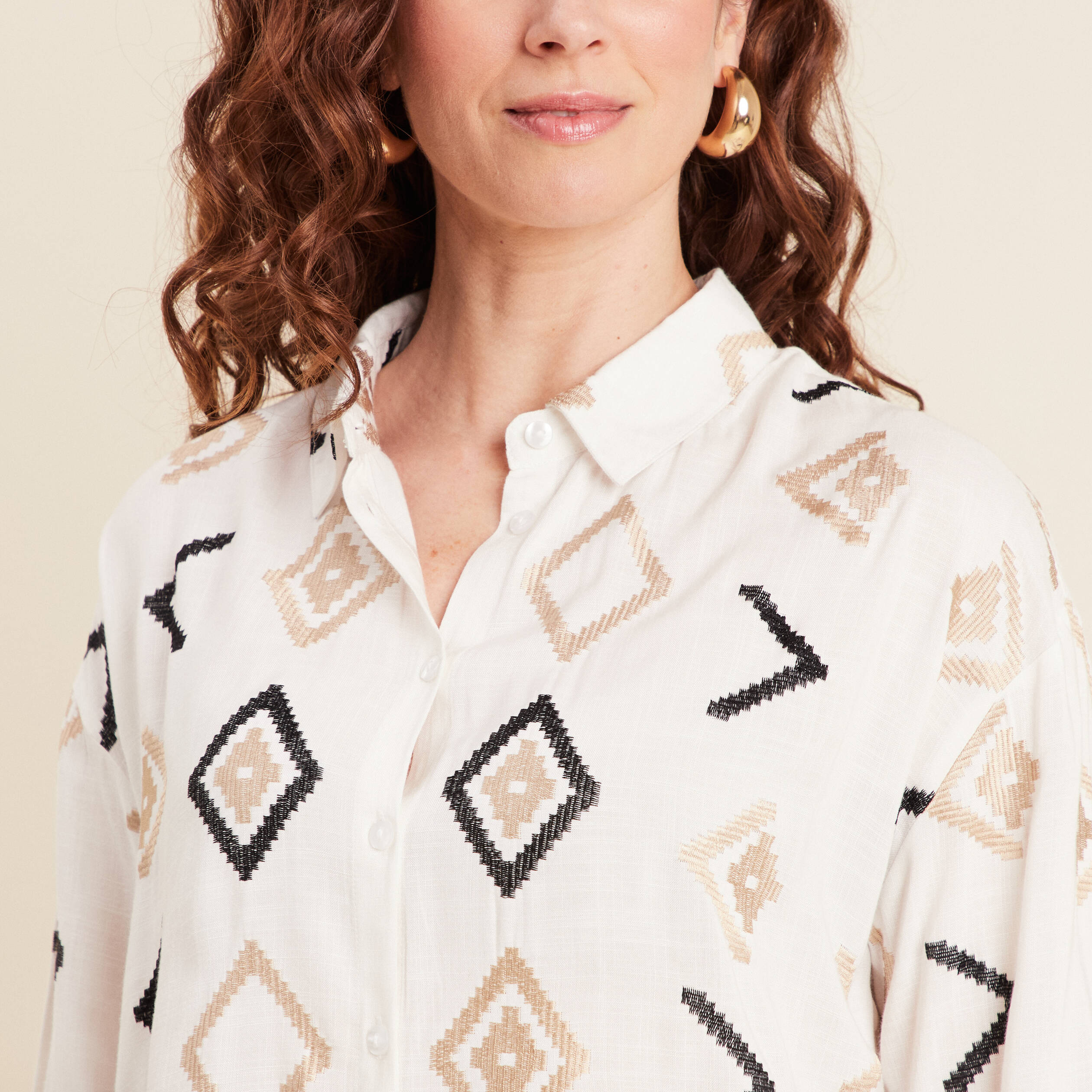 Chemise manches 3/4 brodée blanc femme