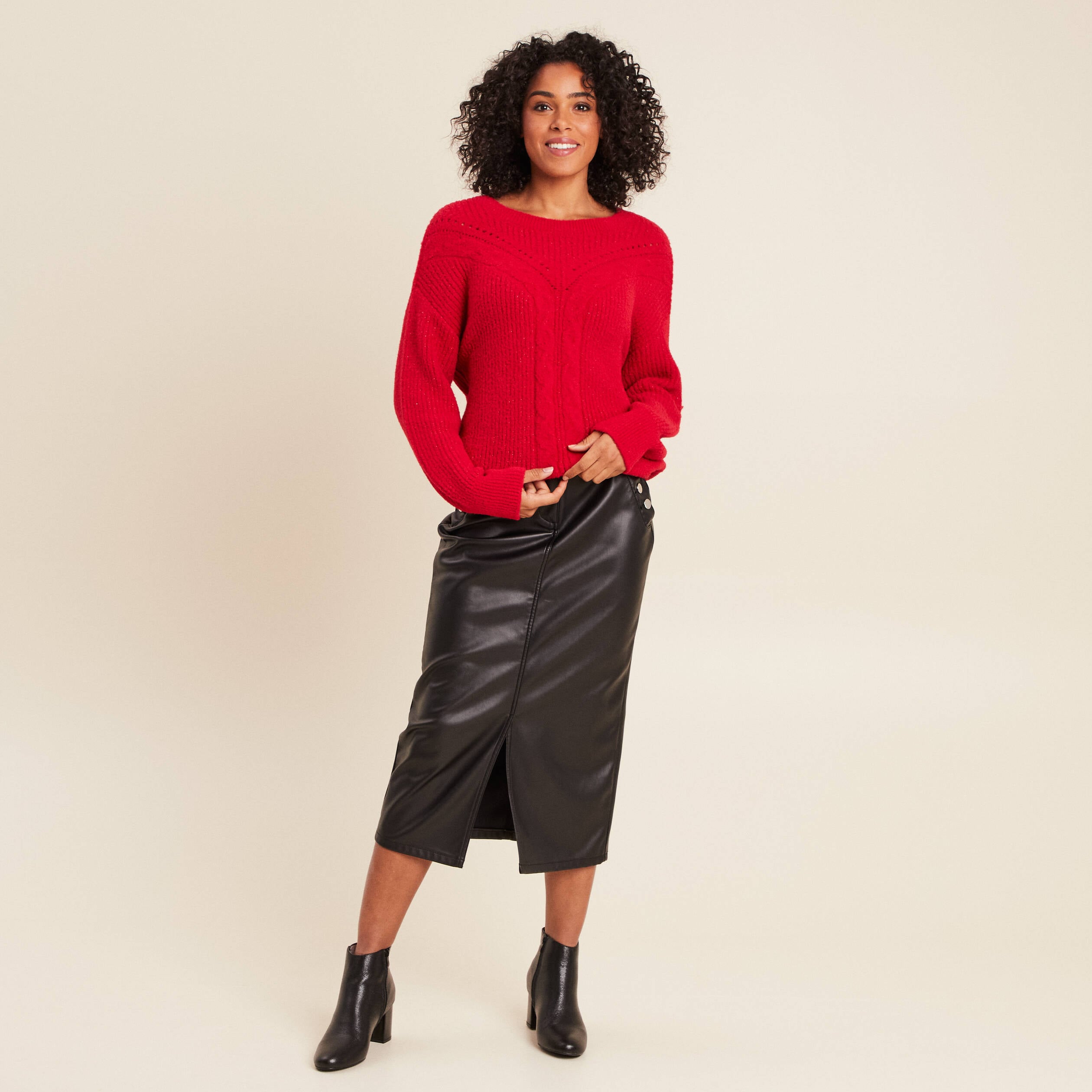 Pull col rond manches longues rouge femme