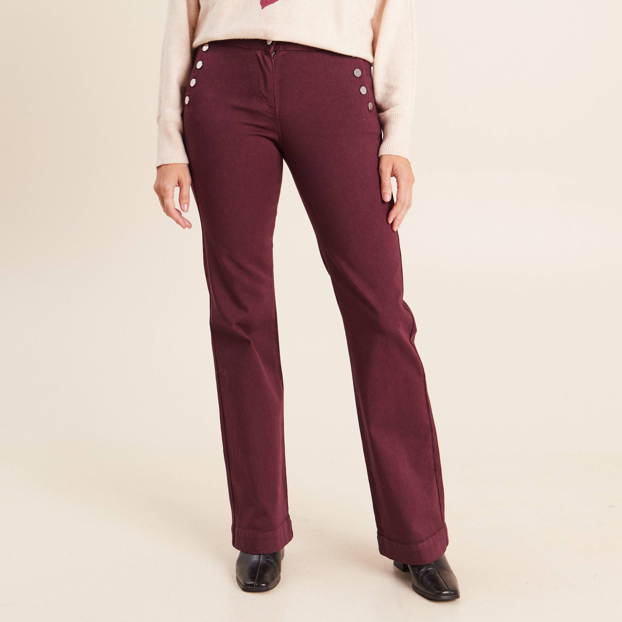 Pantalon coupe bootcut &agrave; pont prune femme
