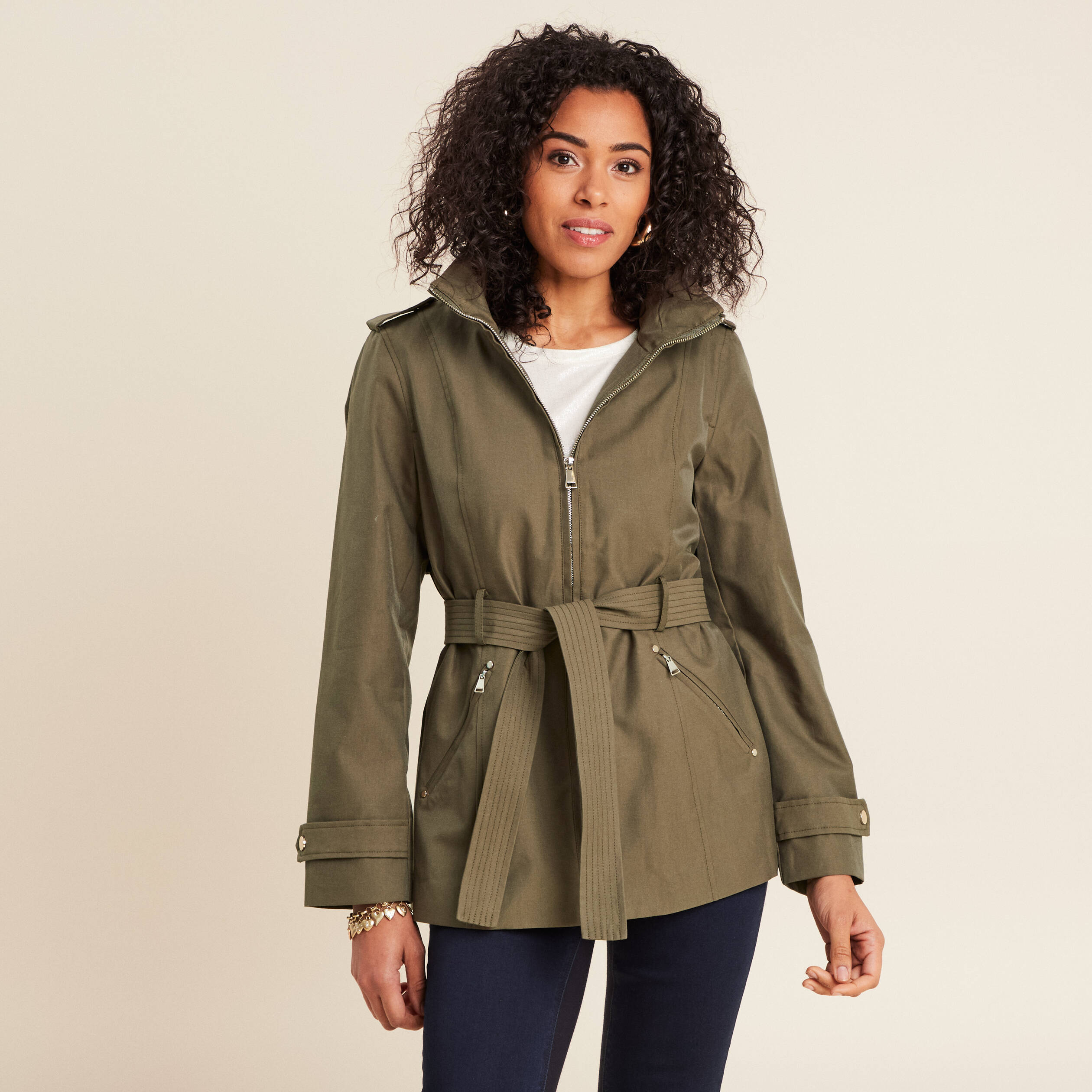 parka droite ceinturee vert olive femme Parka droite ceinturée vert olive femme