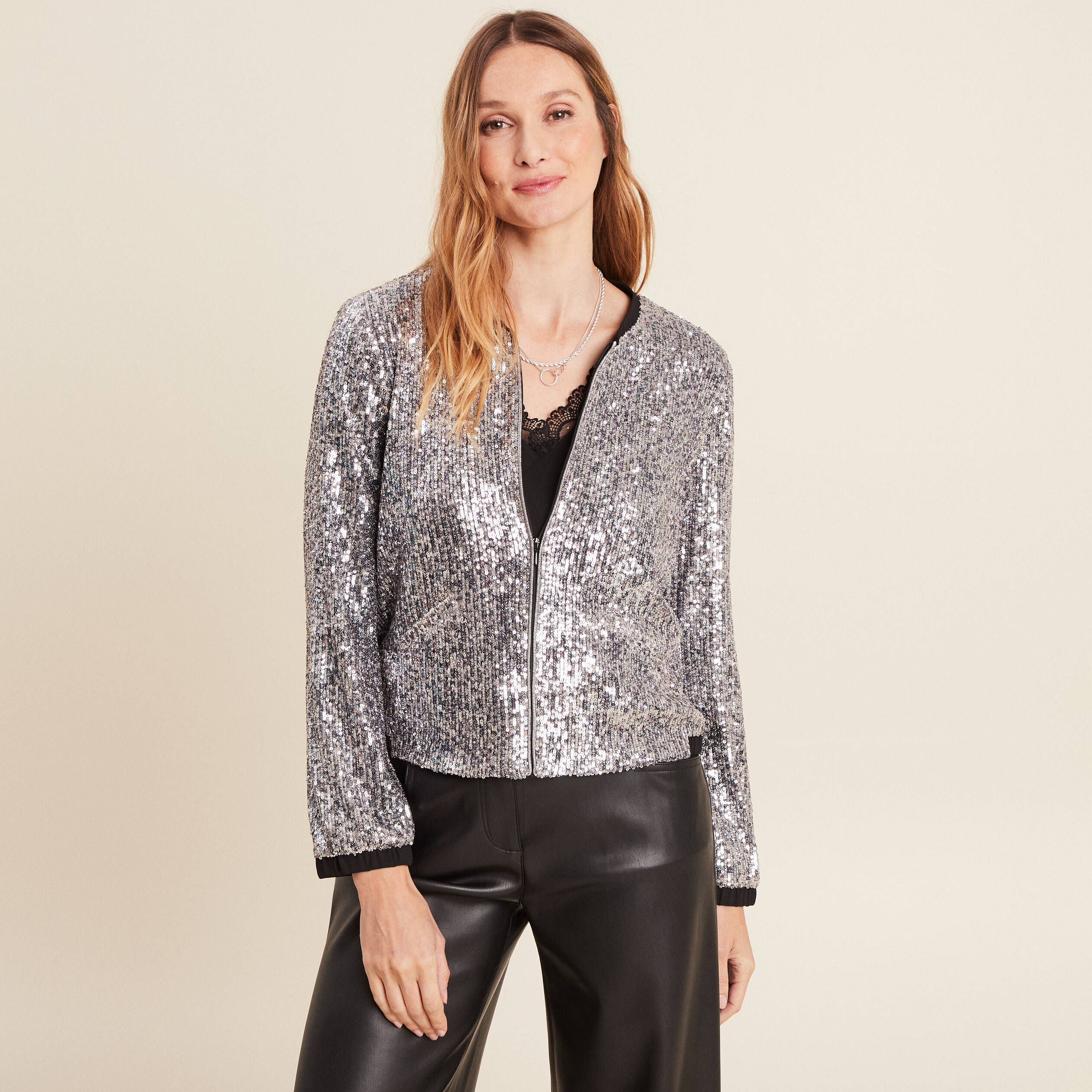 veste zippee sequins gris argent femme Veste zippée sequins gris argent femme