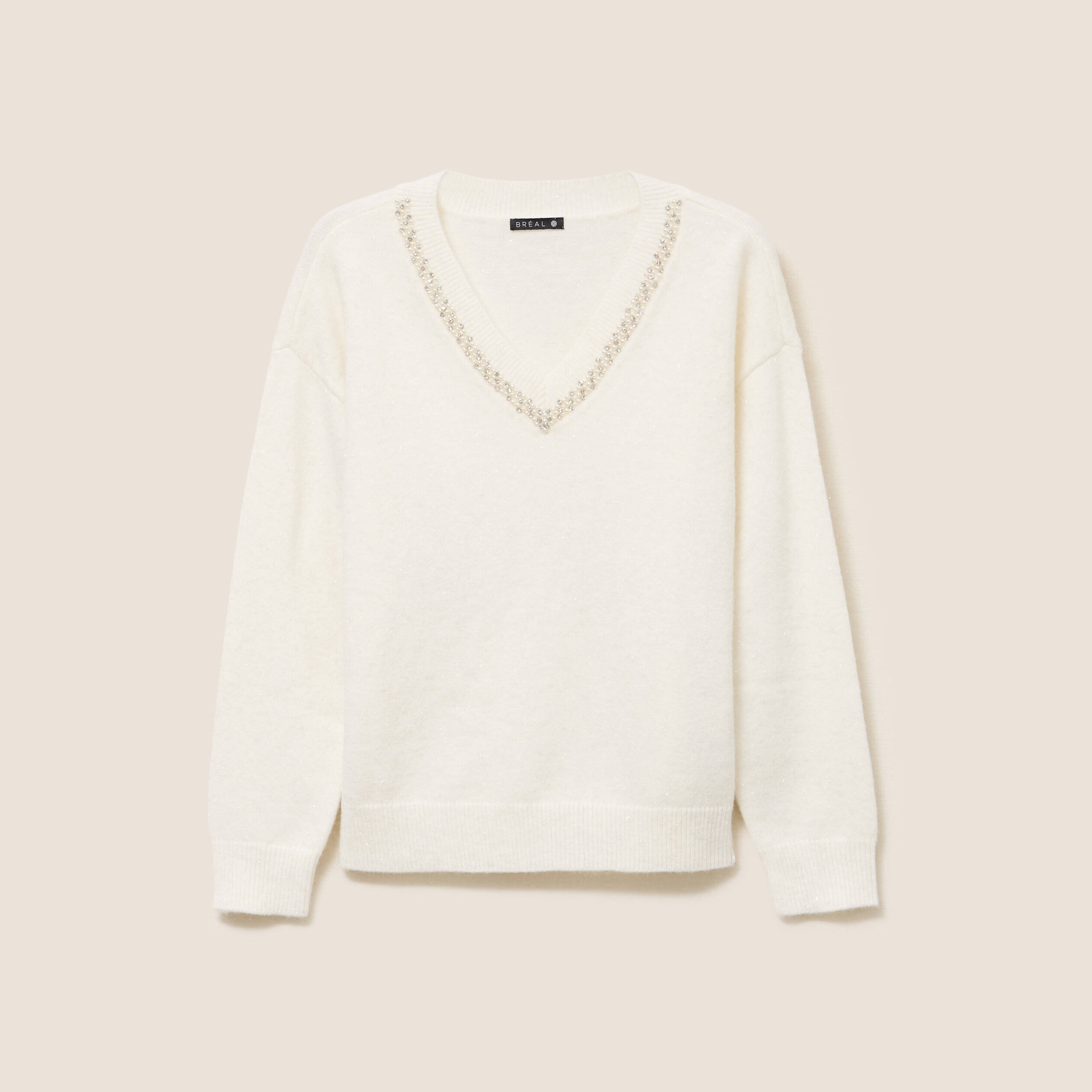 Pull col v manches longues brillant ecru femme