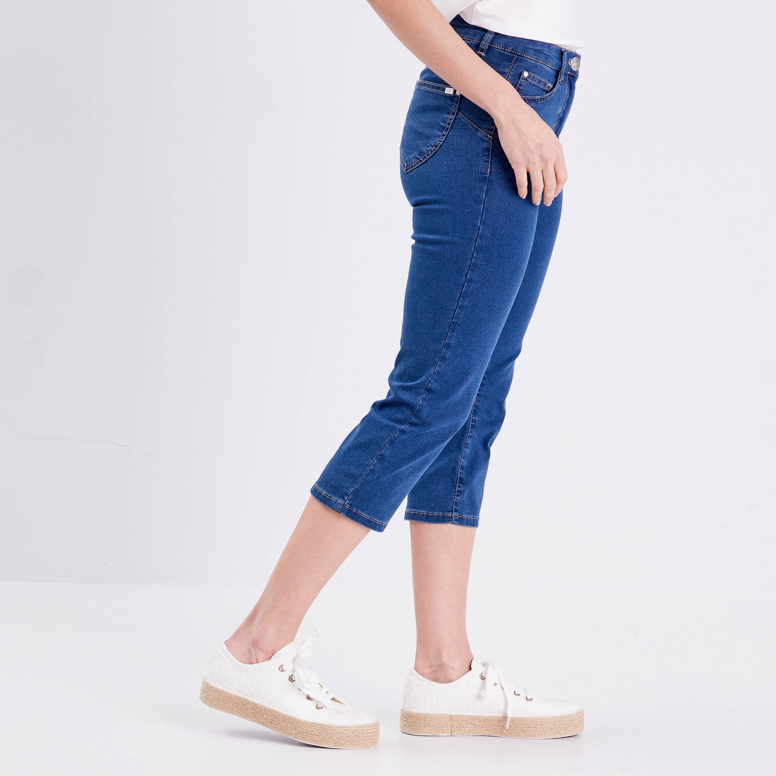 Pantacourt droit taille standard denim double stone femme