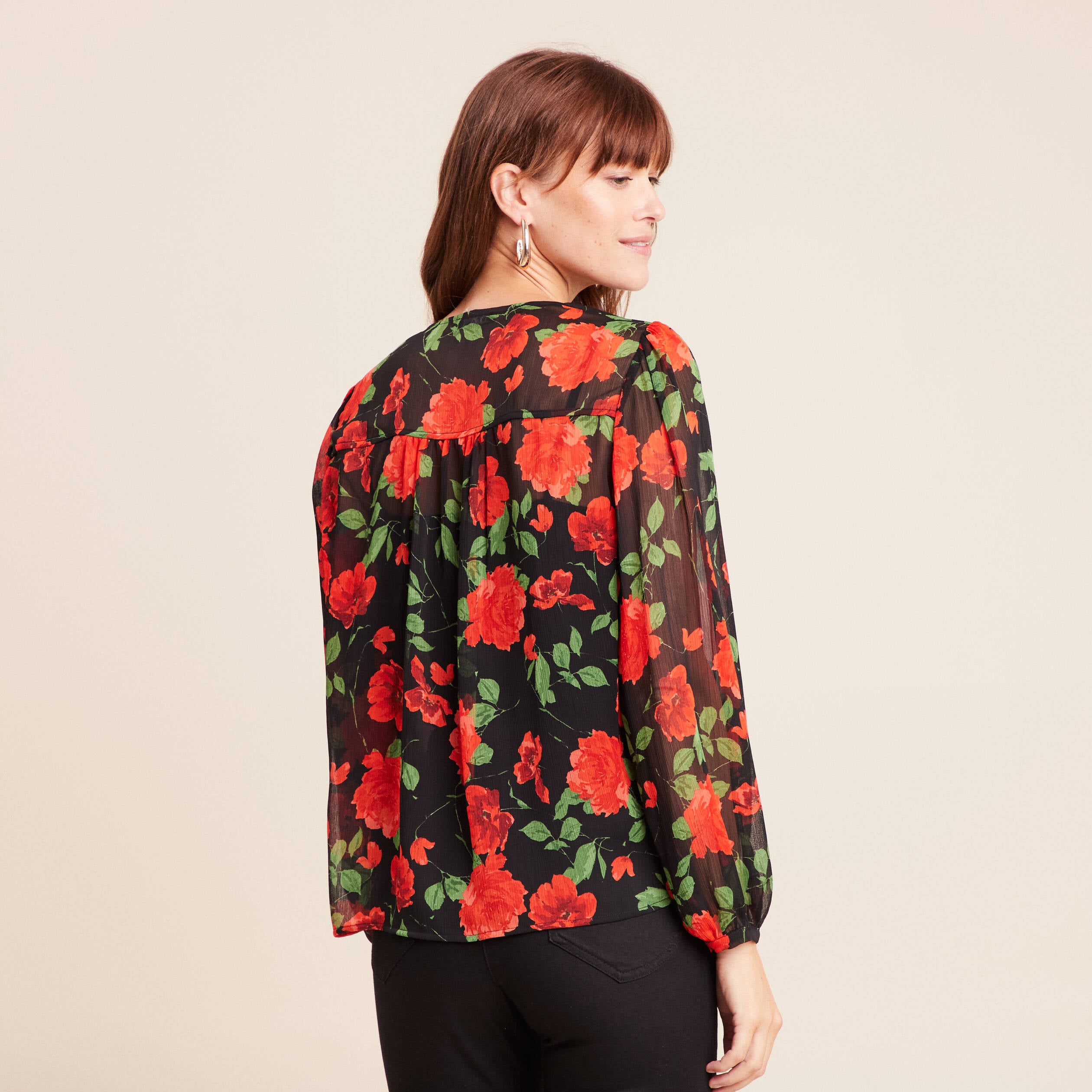 Blouse ample en voile col rond rouge femme
