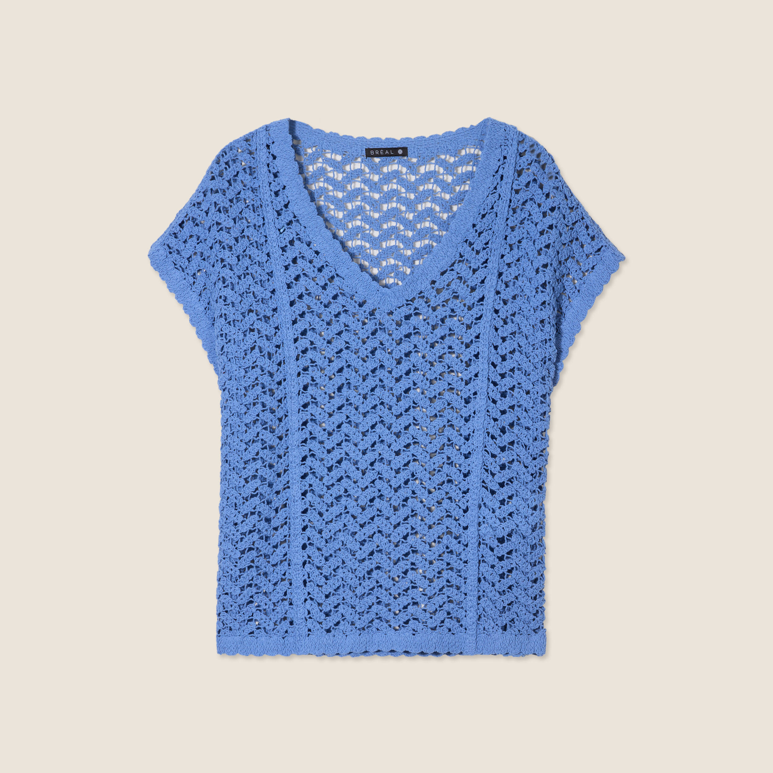 Pull manches courtes ajouré bleu ciel femme