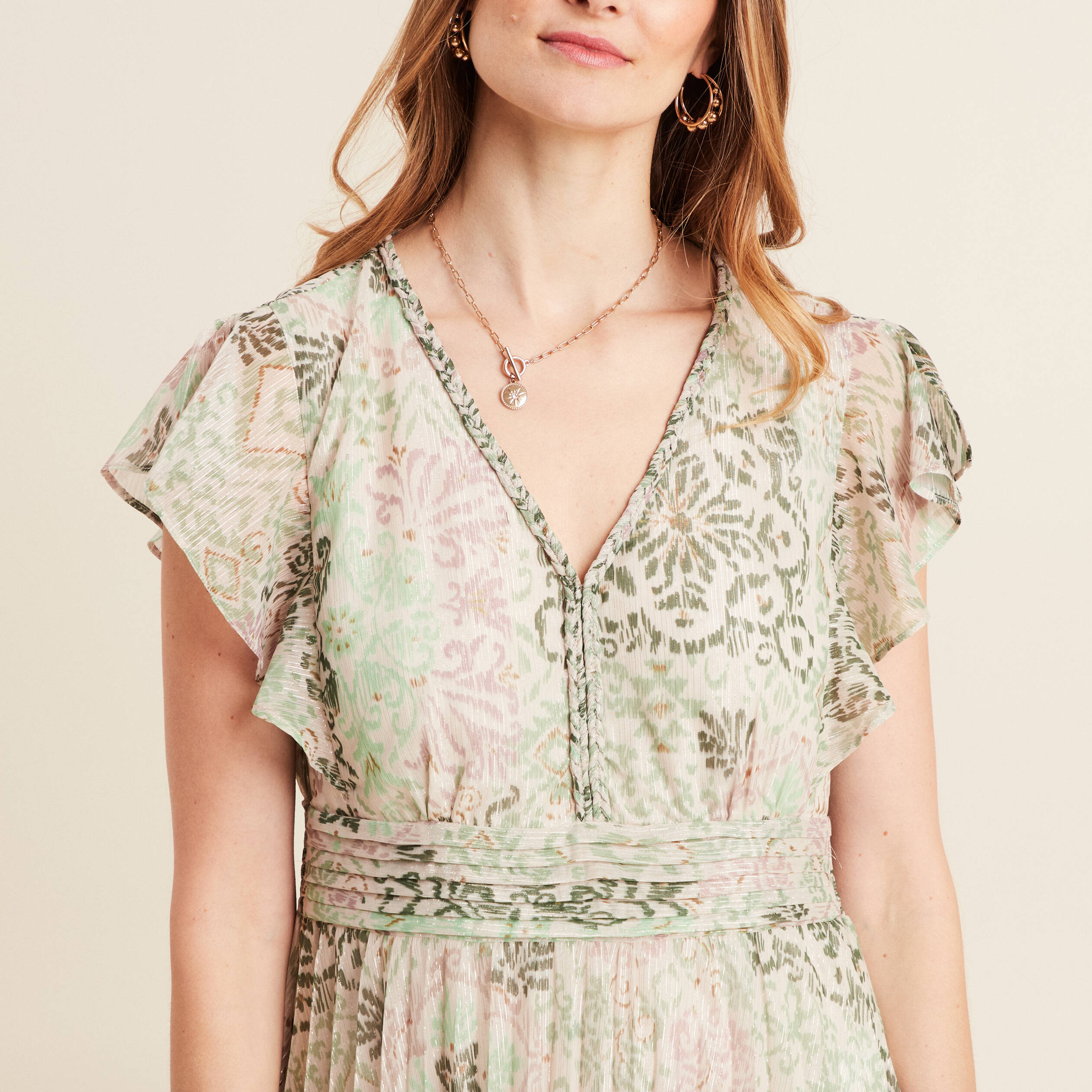 Robe longue évasée plissée vert clair femme