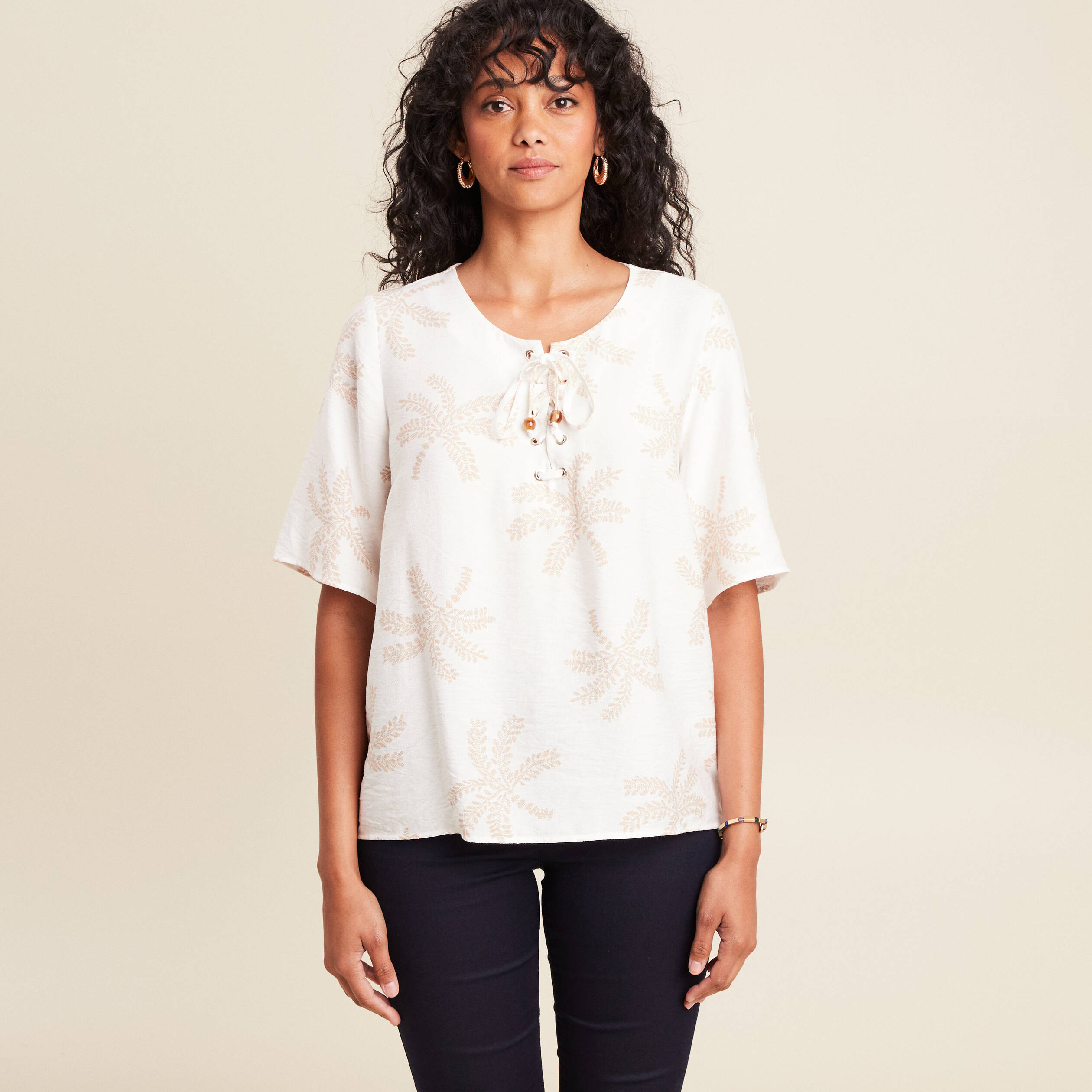 Blouse crêpe manches courtes beige femme