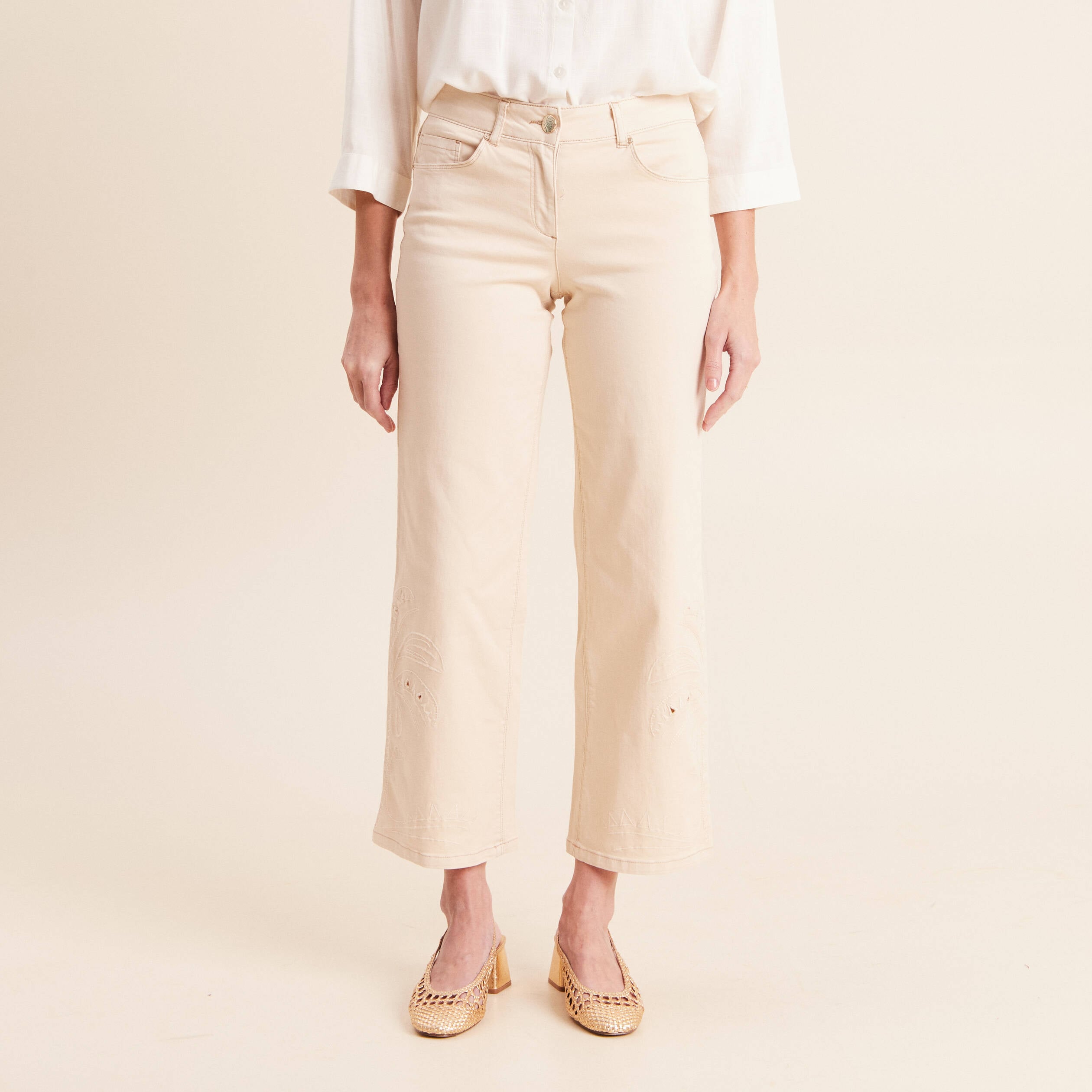 Pantalon 7/8&egrave;me coupe large ivoire femme