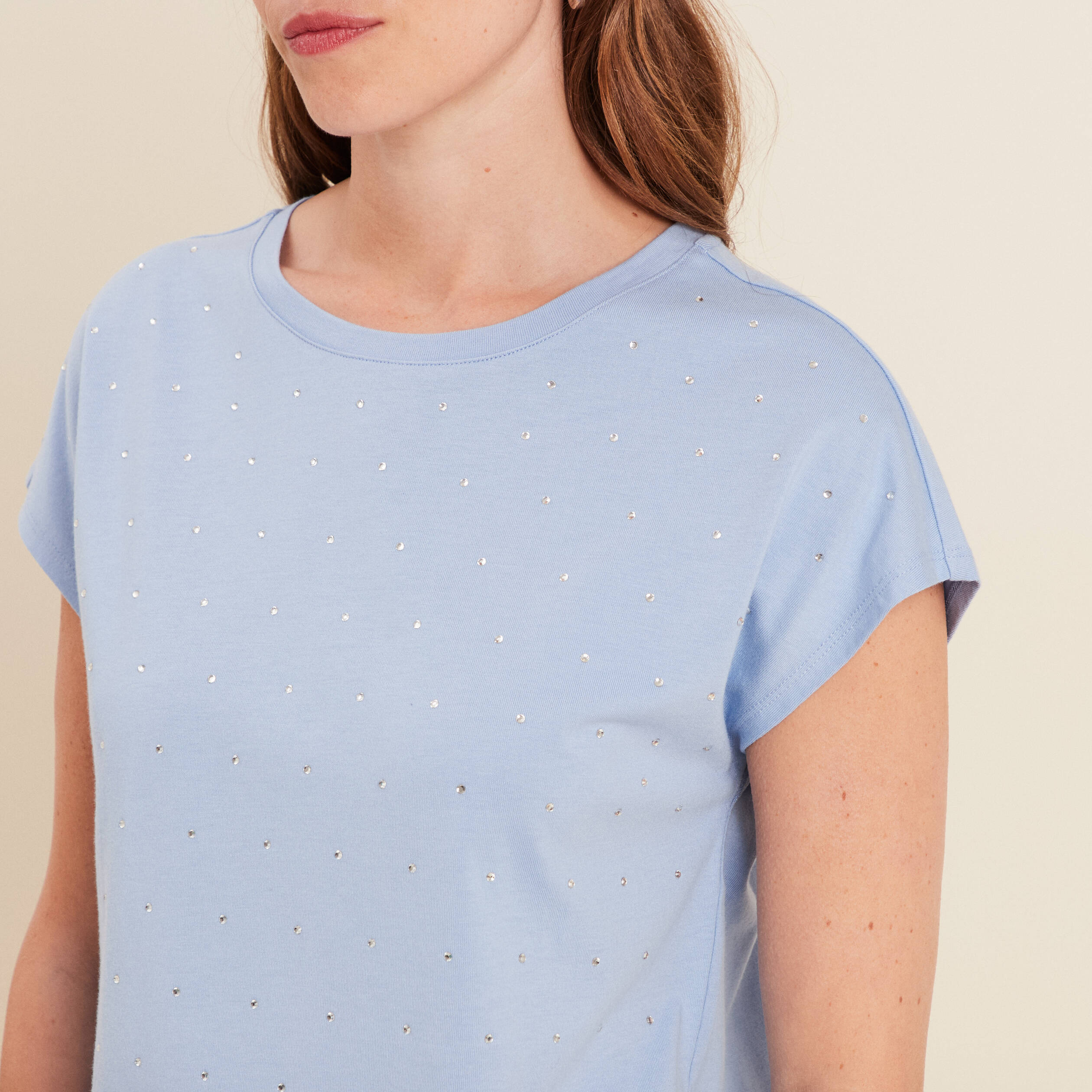 t shirt manches courtes strass bleu ciel femme T-shirt manches courtes strass bleu ciel femme