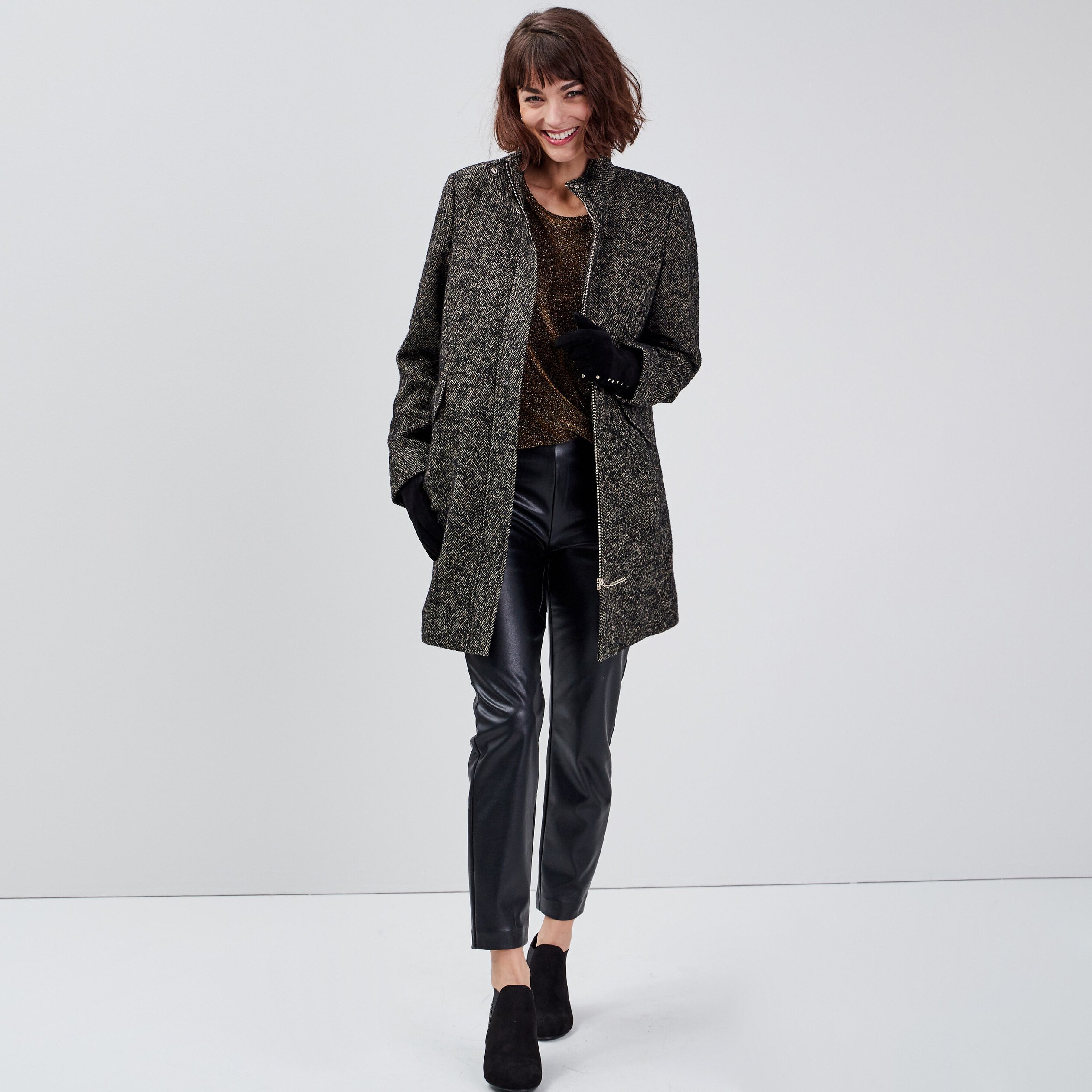 Manteau droit zipp noir femme