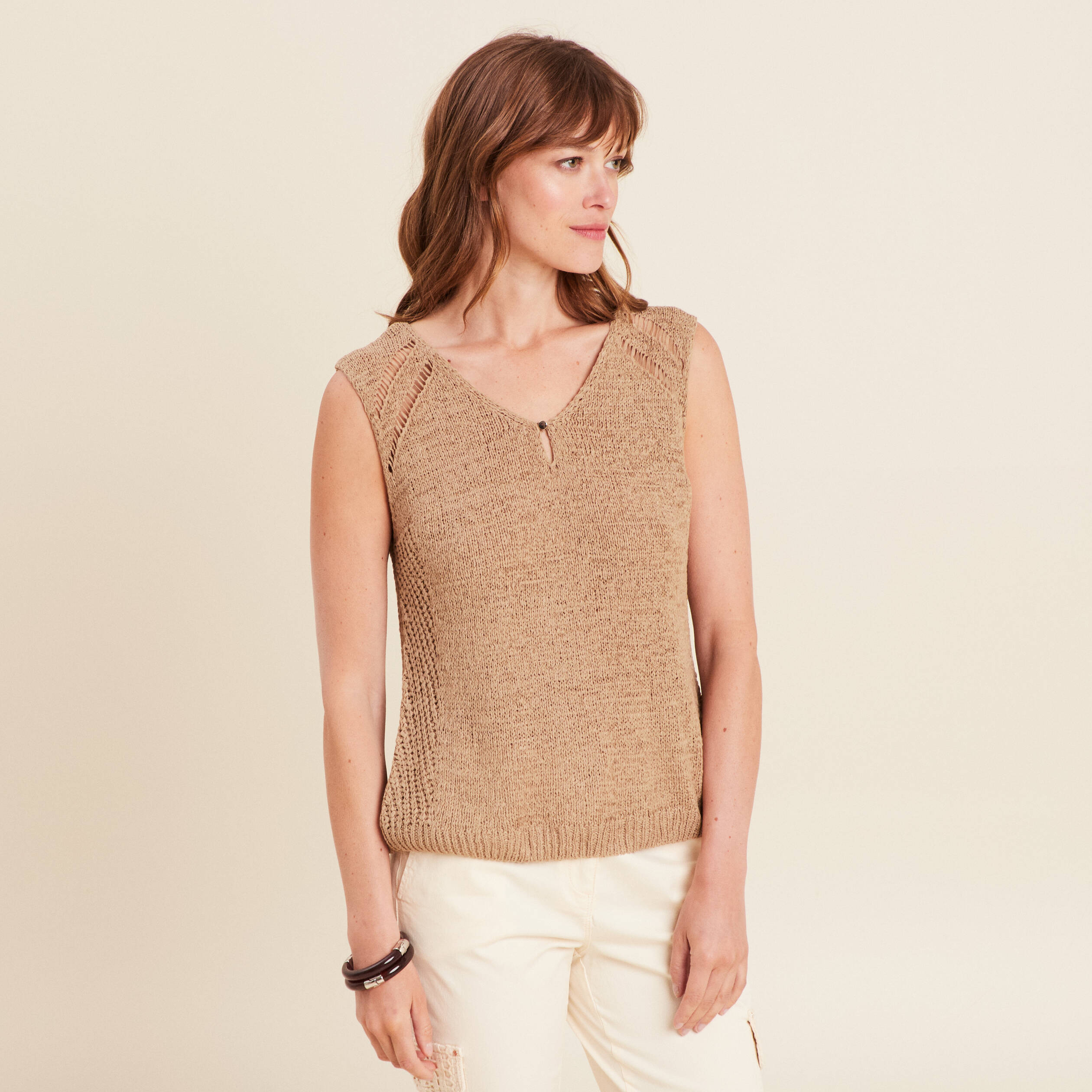 debardeur tricot sans manches sable femme Débardeur tricot sans manches sable femme