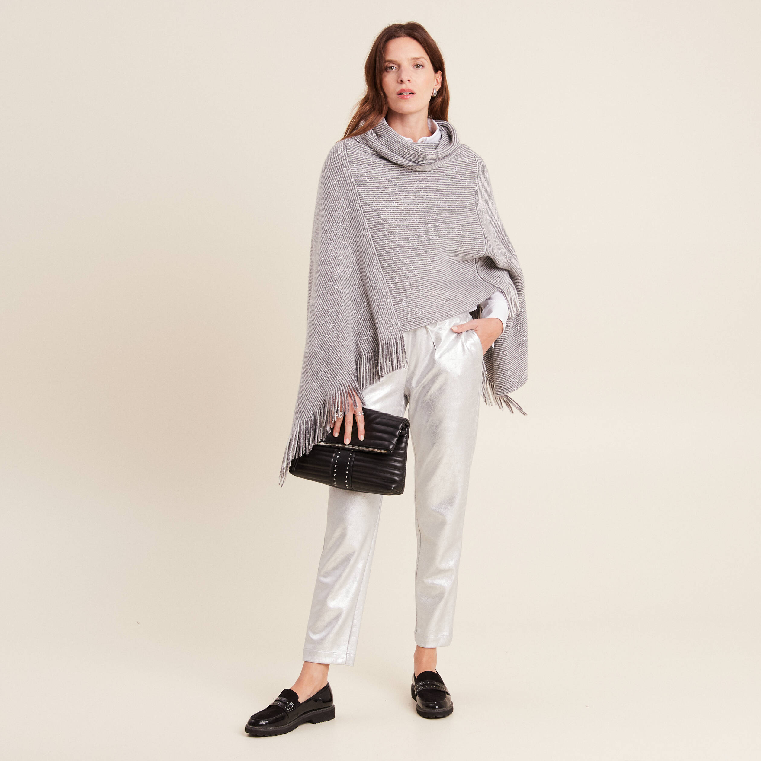 Pantalon jogging métallisé gris argent femme