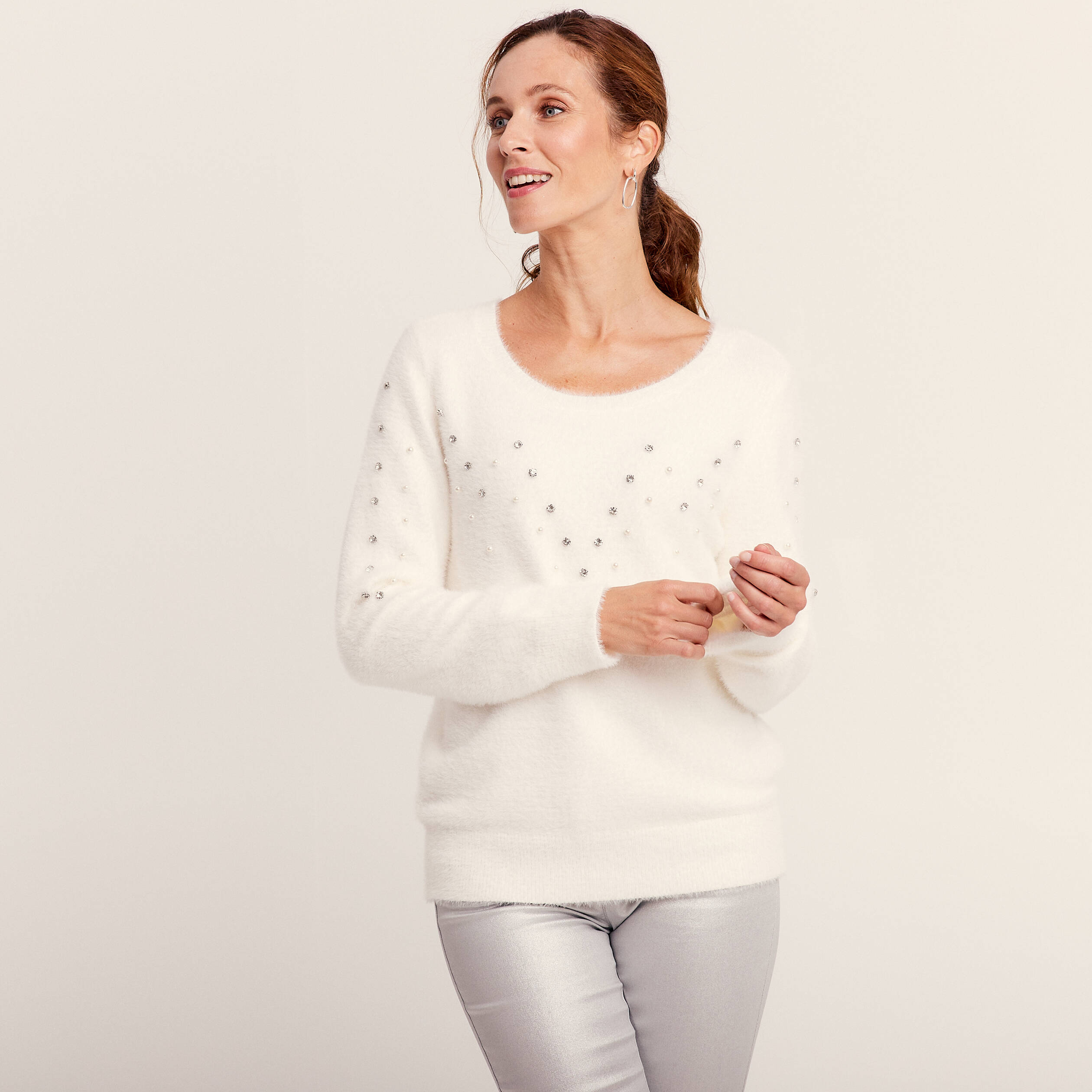Pull manches longues strass ecru femme