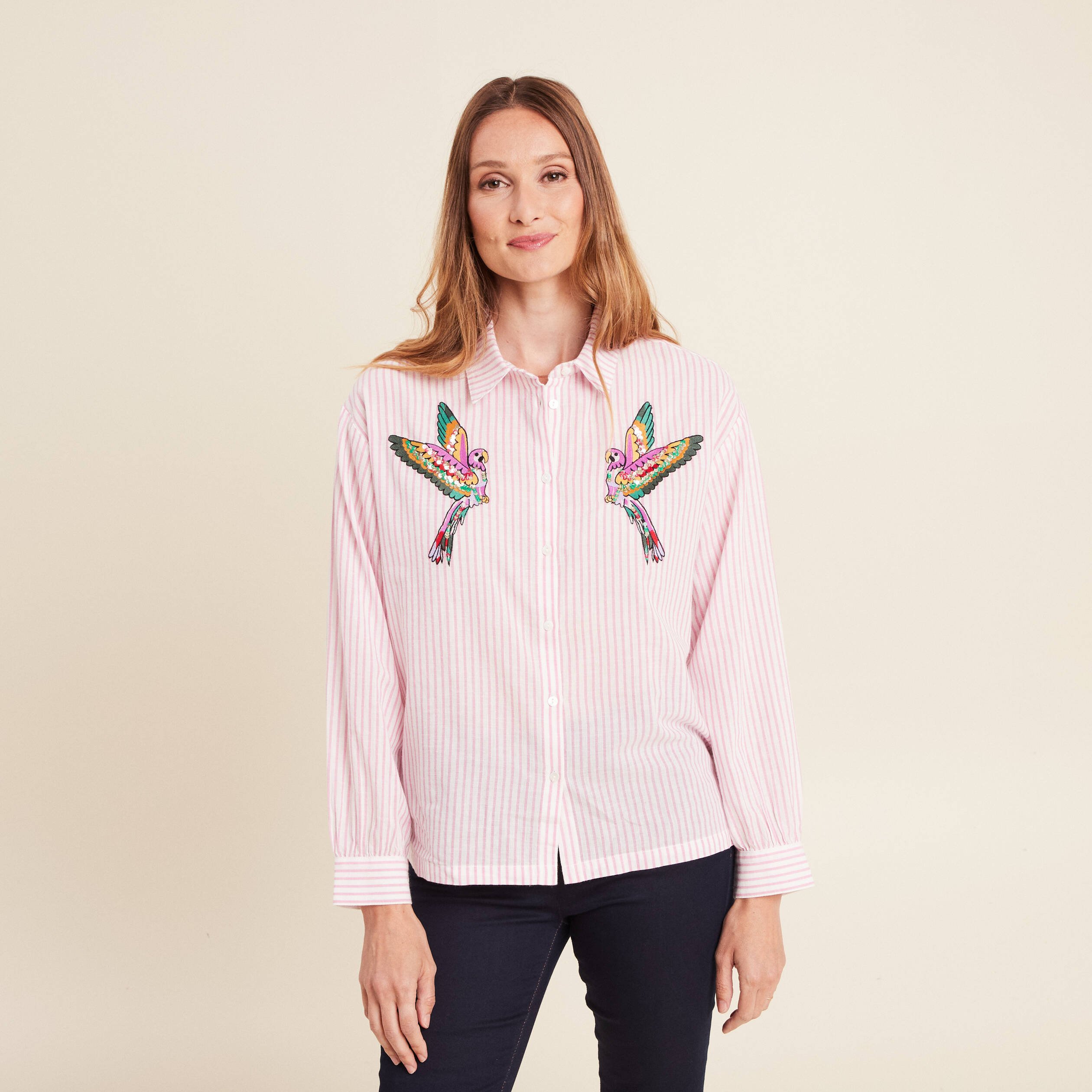 chemise droite mi longue en coton rose femme Chemise droite mi-longue en coton rose femme