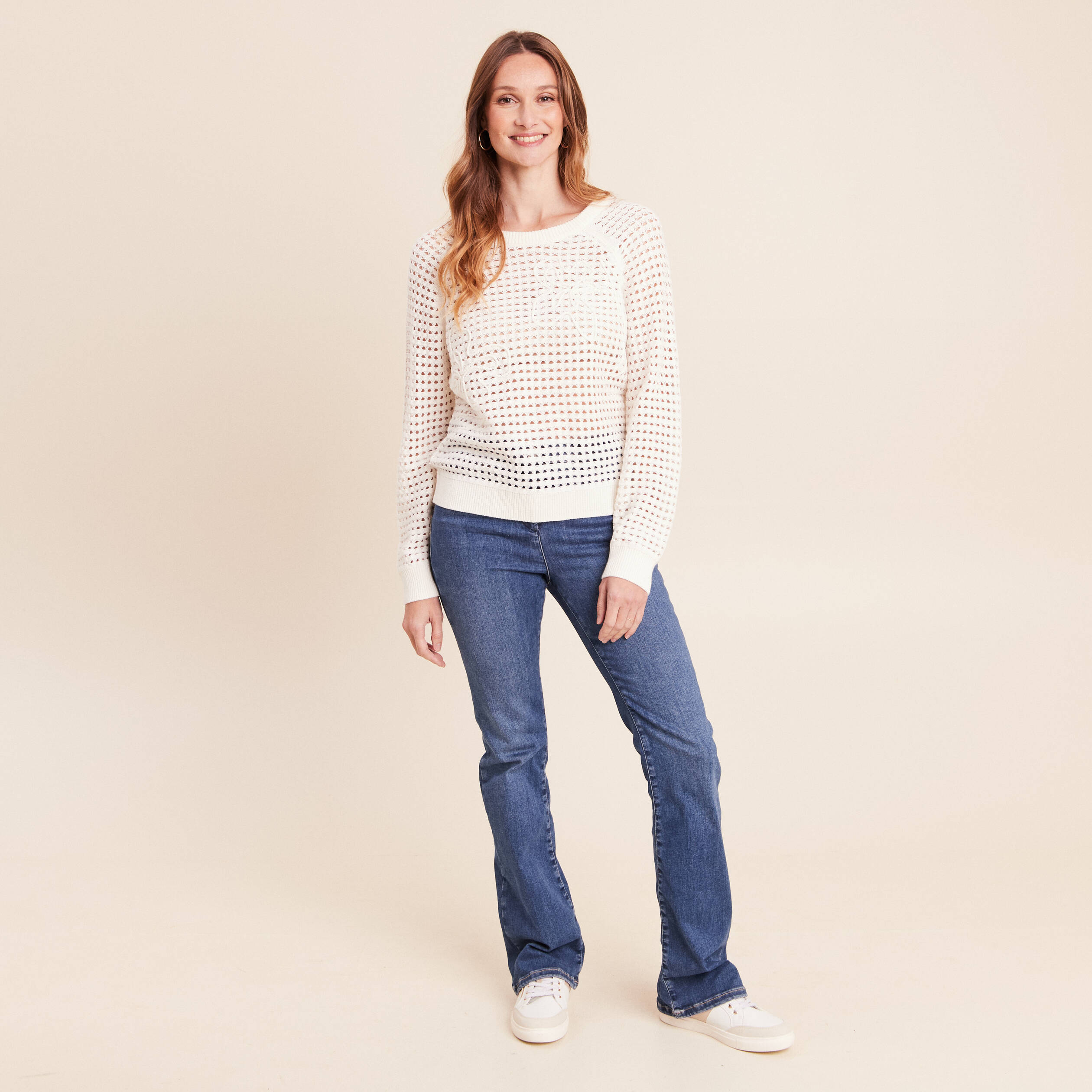 Pull col rond manches longues dentelle ecru femme