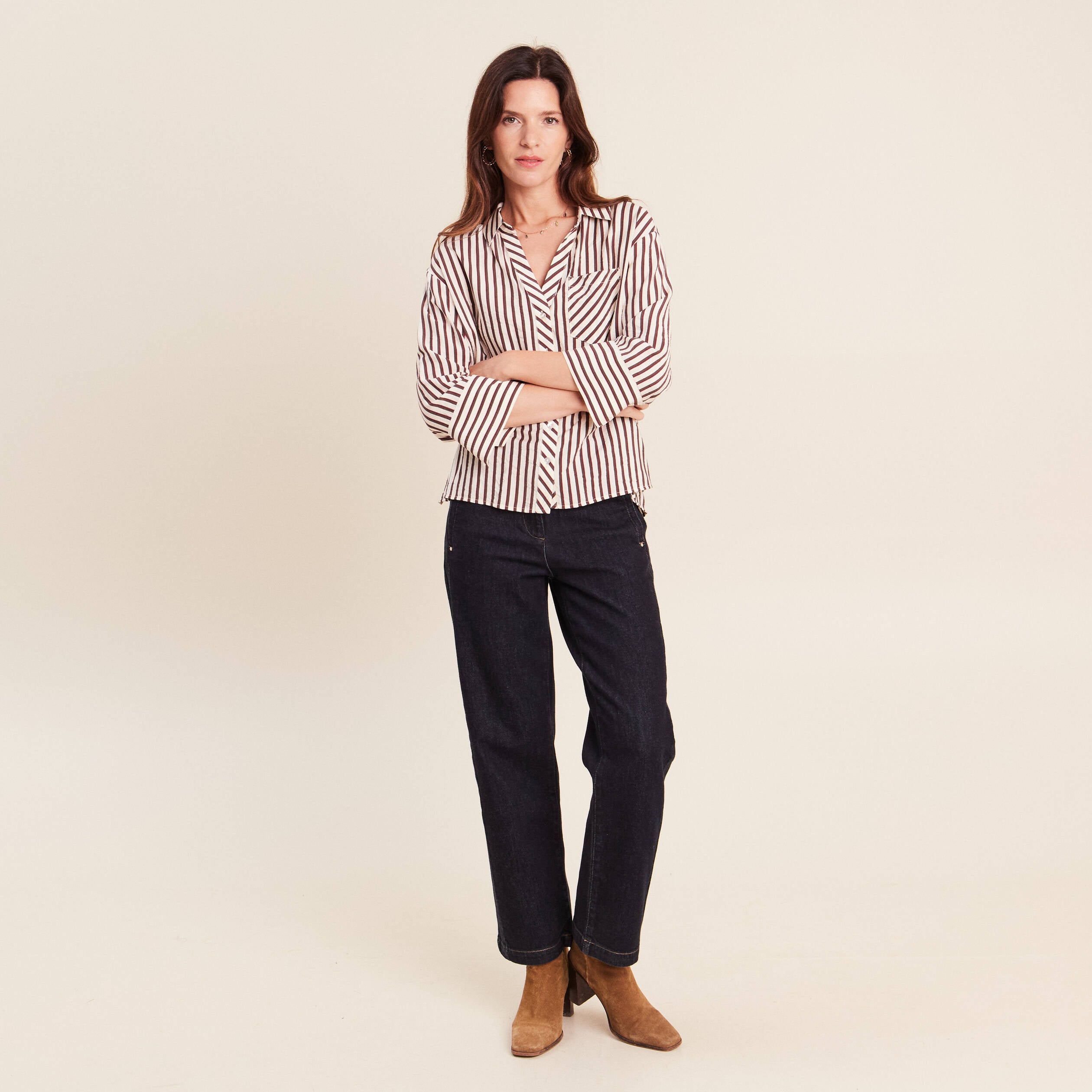 Chemise ample manches 3/4 marron femme
