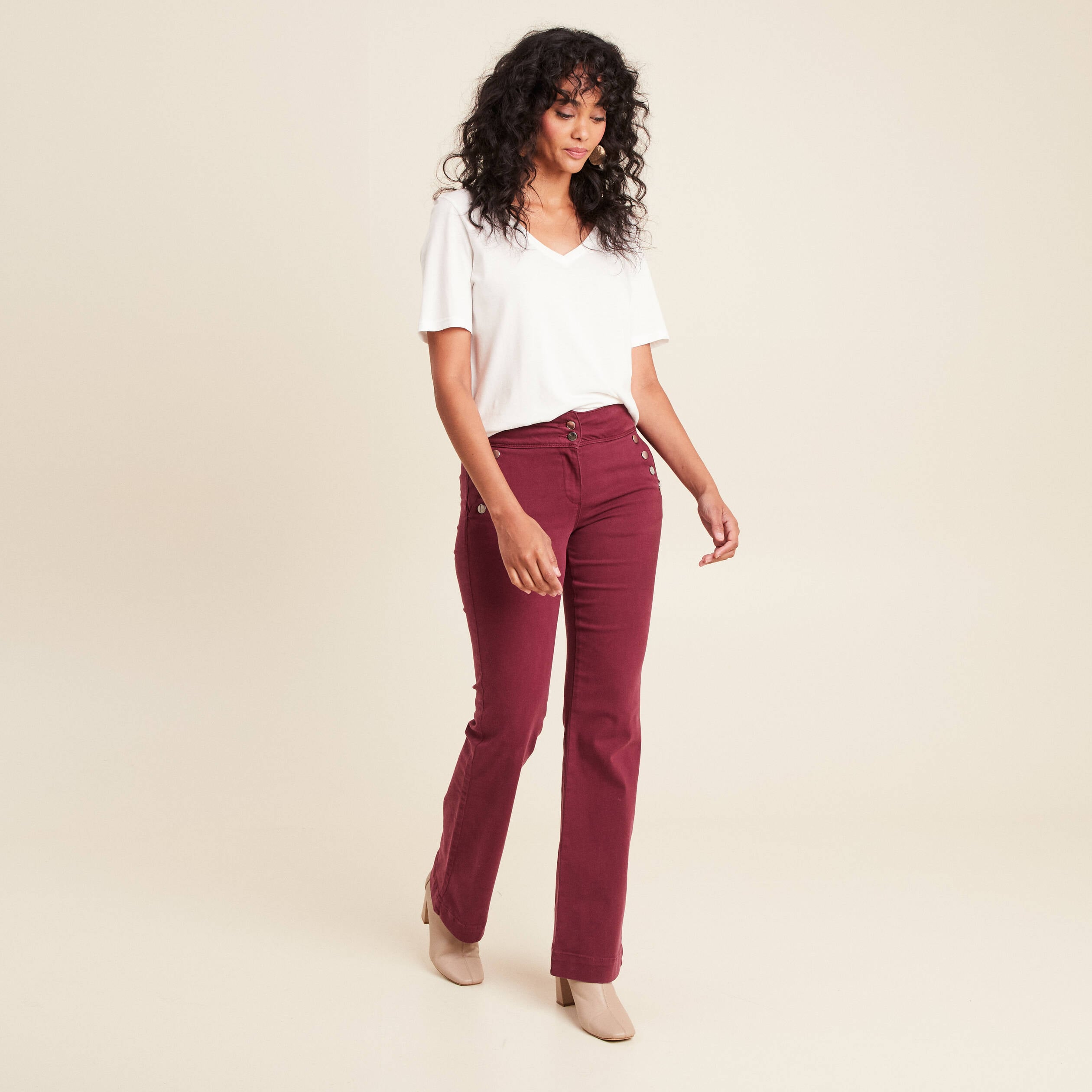 Pantalon coupe bootcut &agrave; pont bordeaux femme