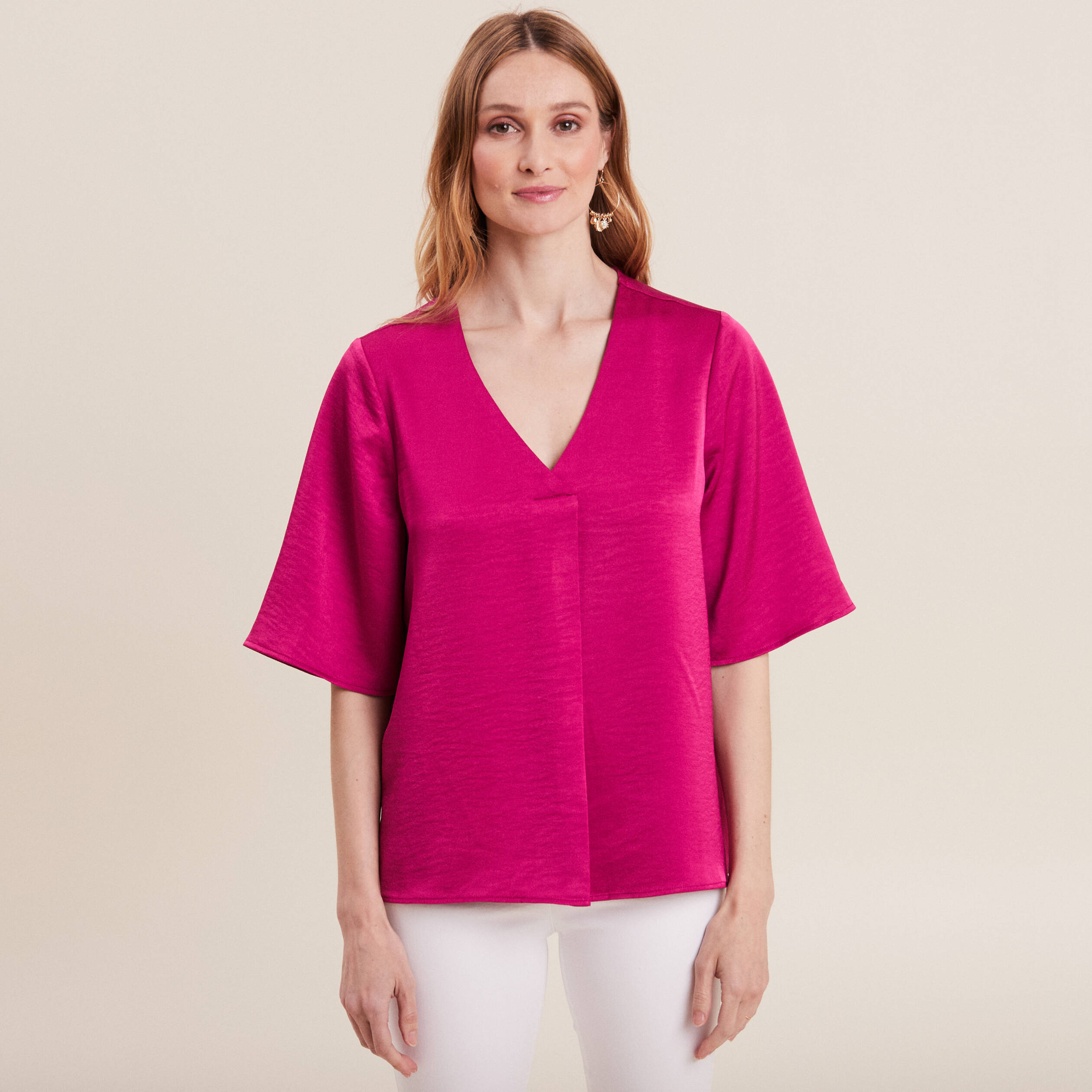 Blouse manches 3/4 satin rose fushia femme