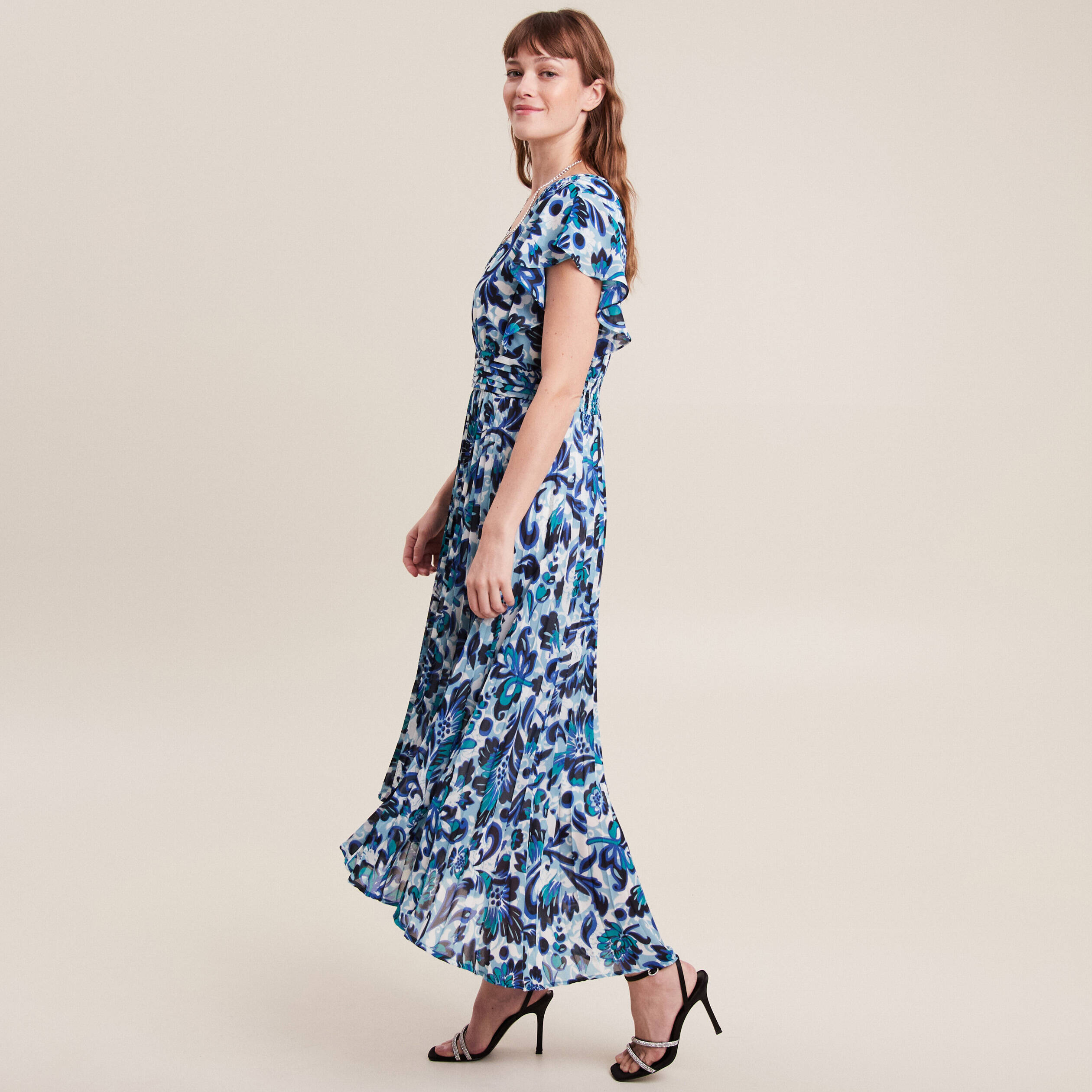 Robe longue droite plissée bleu femme Bréal