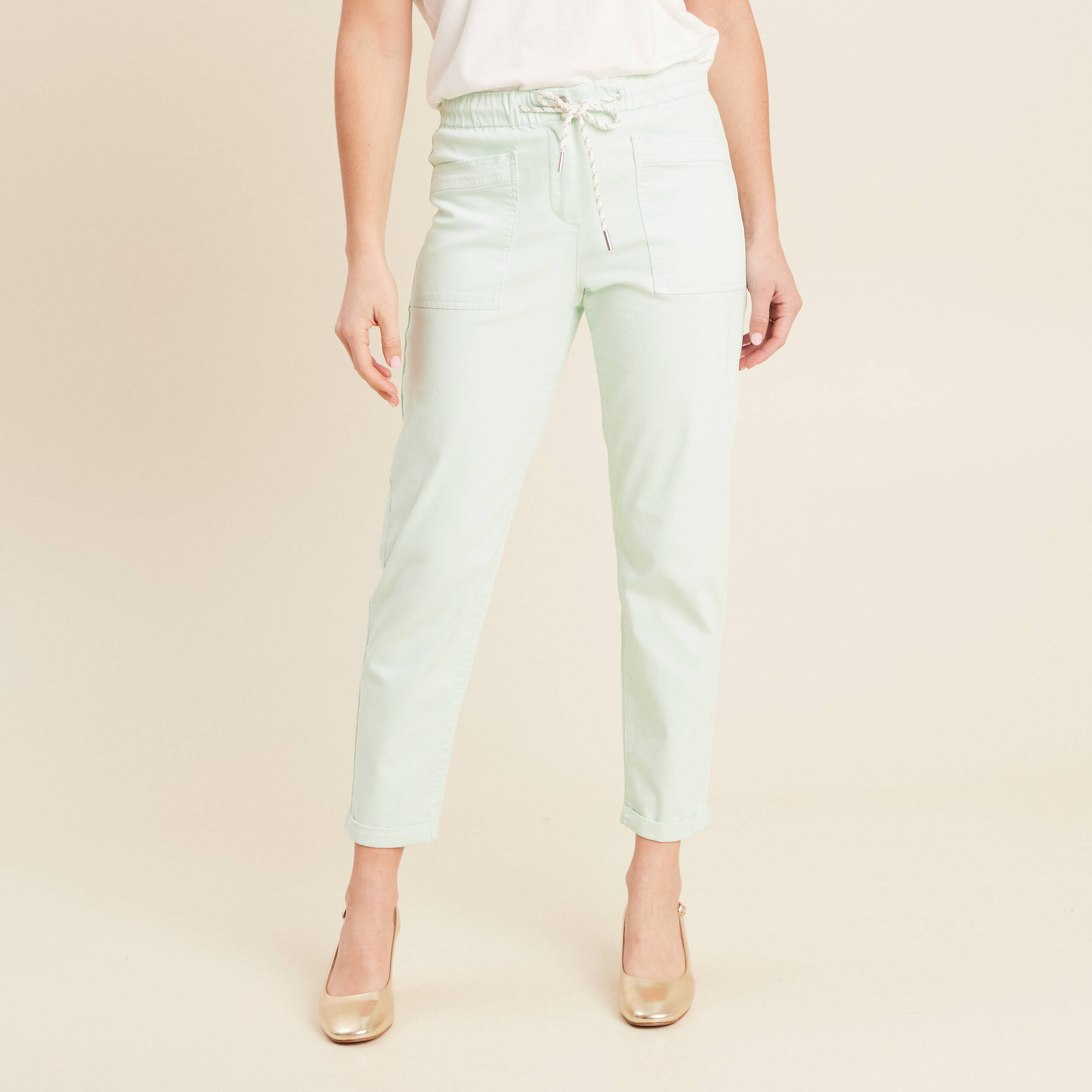 Pantalon coupe droite à coulisse vert clair femme