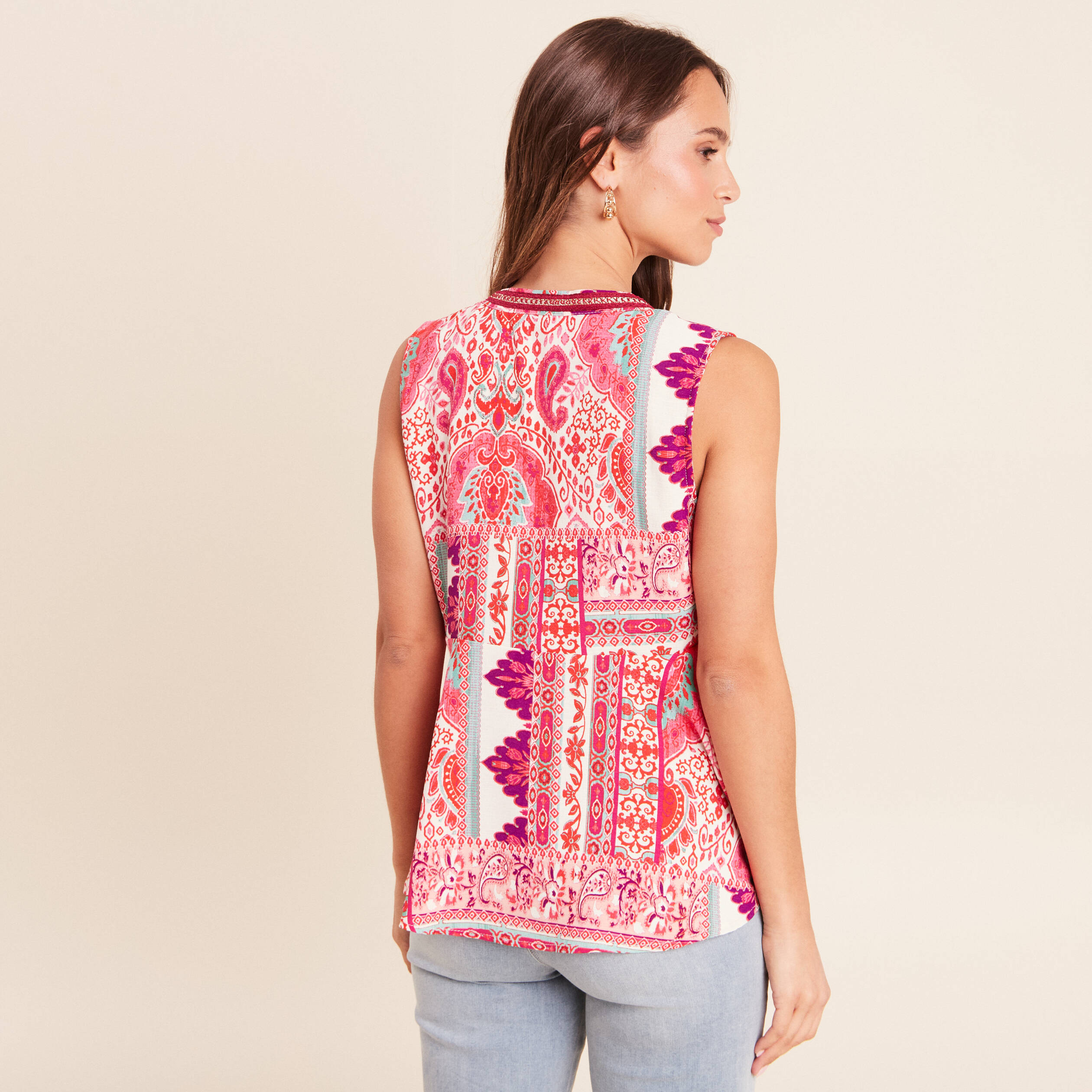 Blouse ample sans manches col v rose femme
