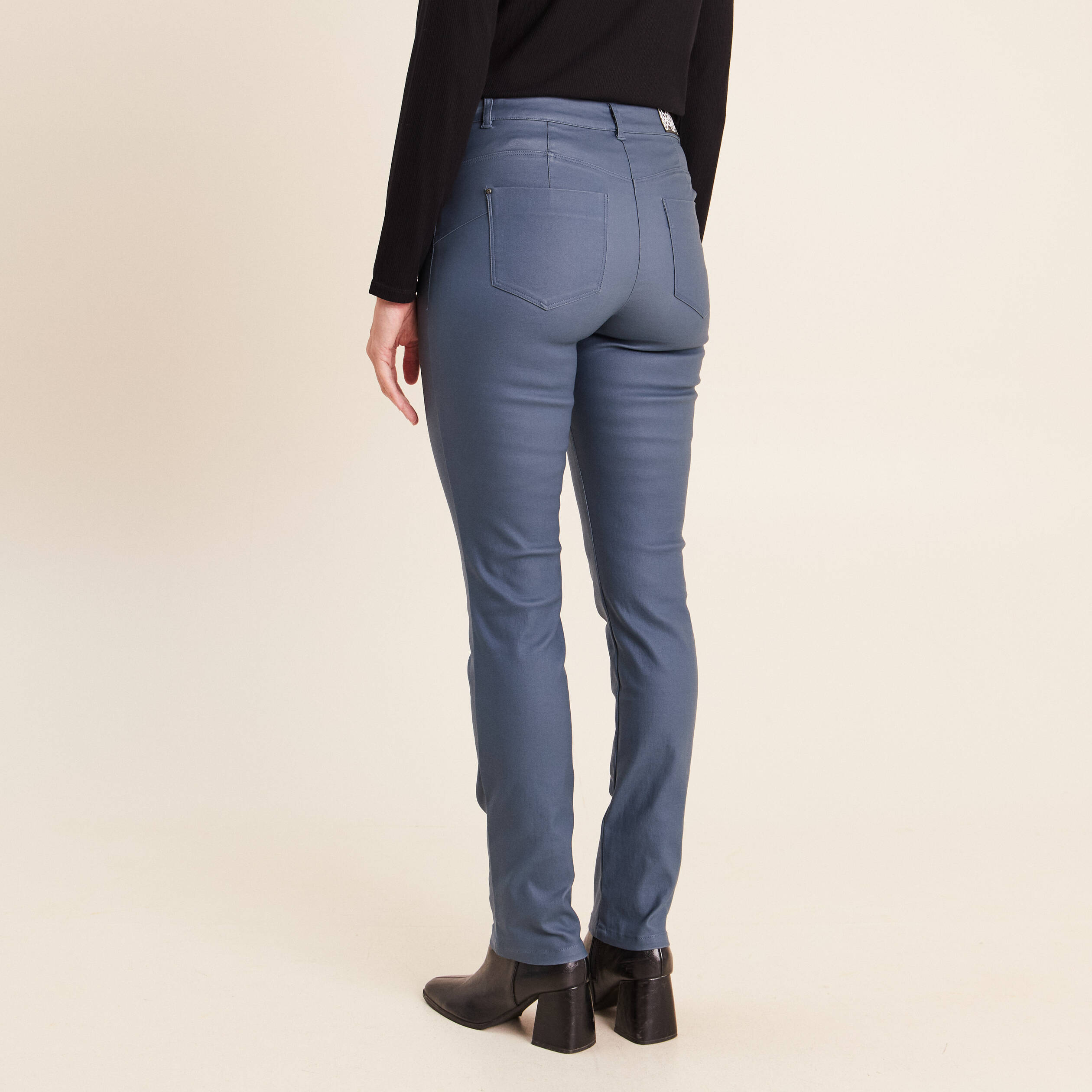 Pantalon enduit ajust&eacute; taille bascul&eacute;e bleu fonc&eacute; femme