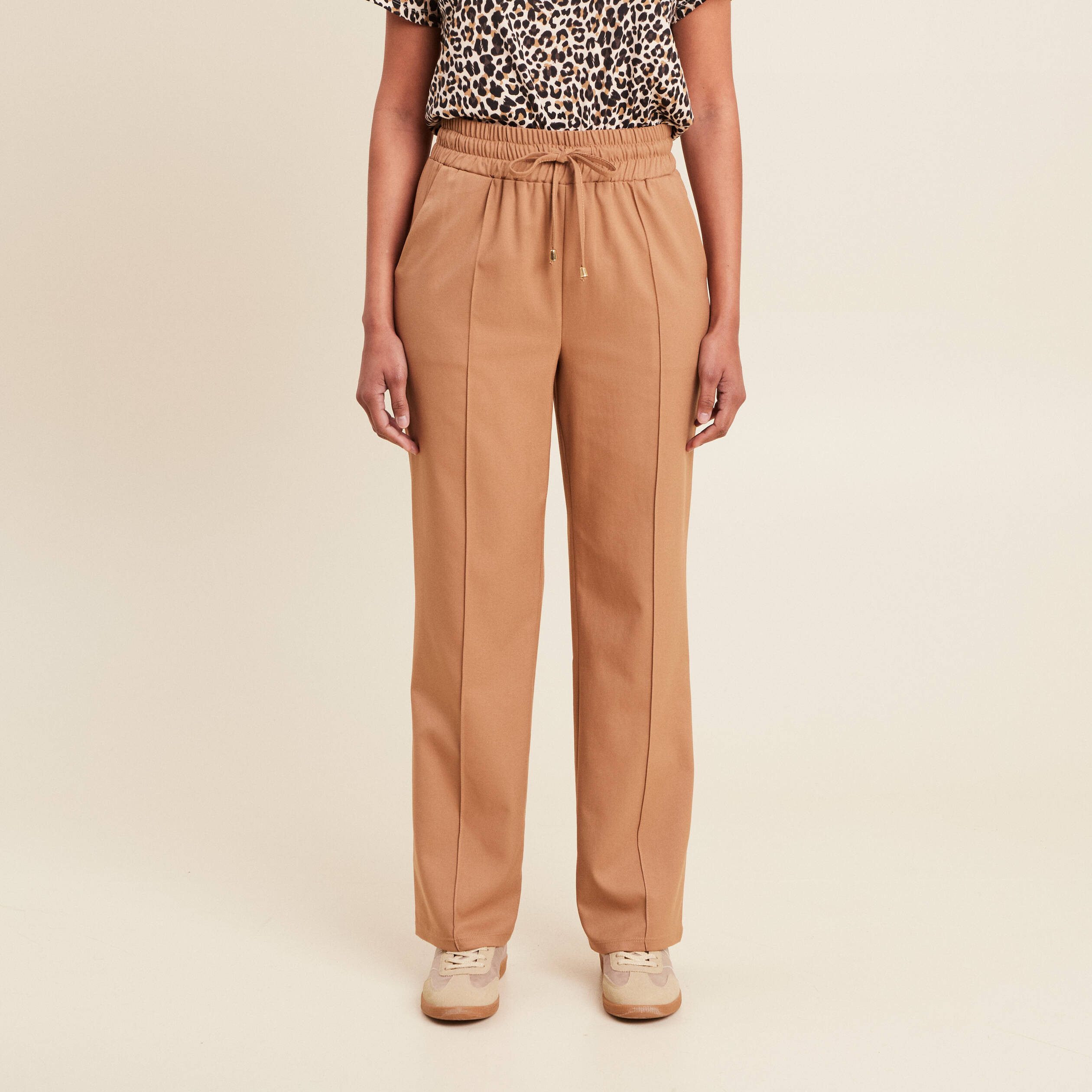 Pantalon droit taille haute camel femme