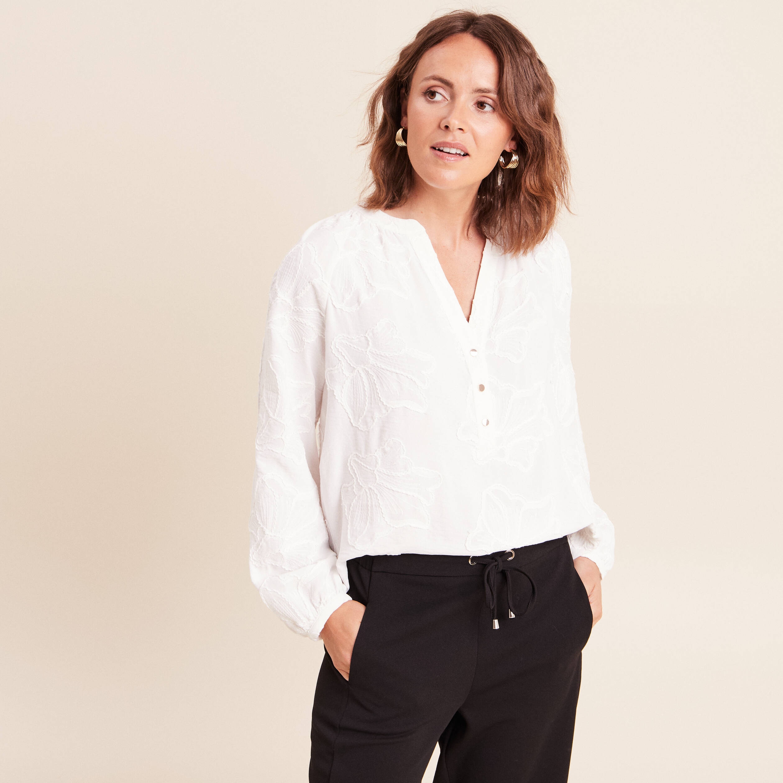Blouse ample manches longues fluide ecru femme