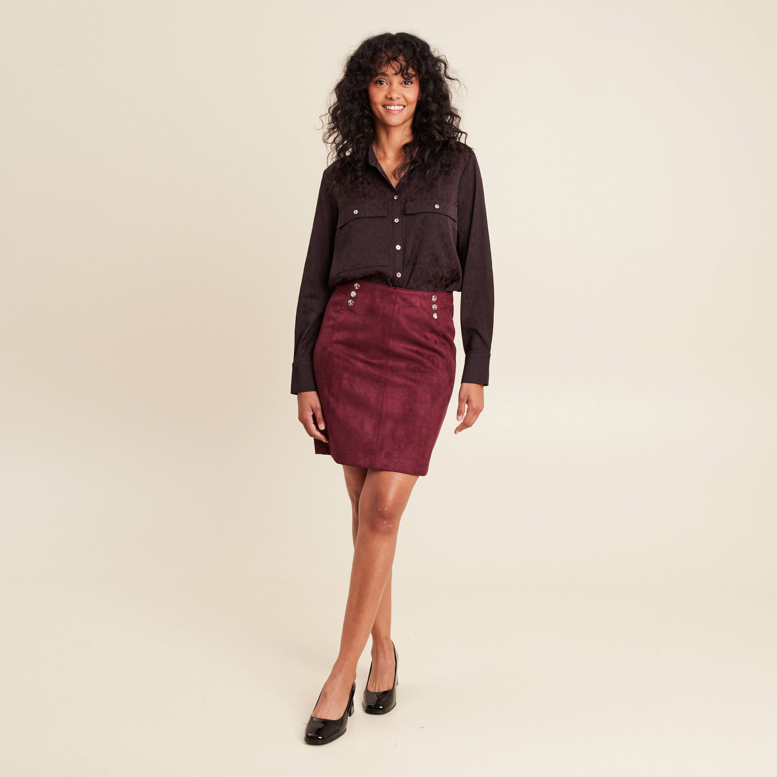 Jupe droite suédine bordeaux femme Bréal