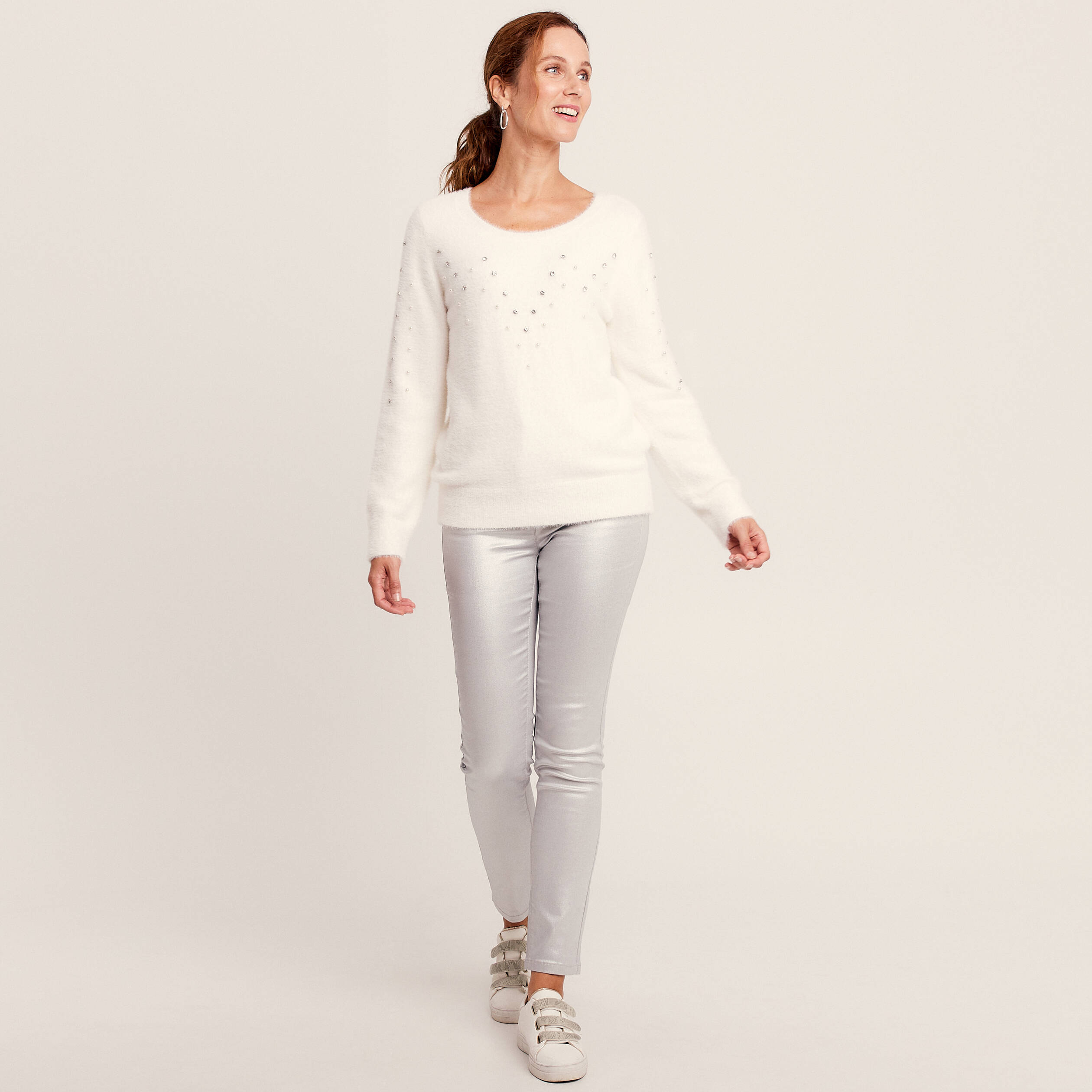 Pull manches longues strass ecru femme